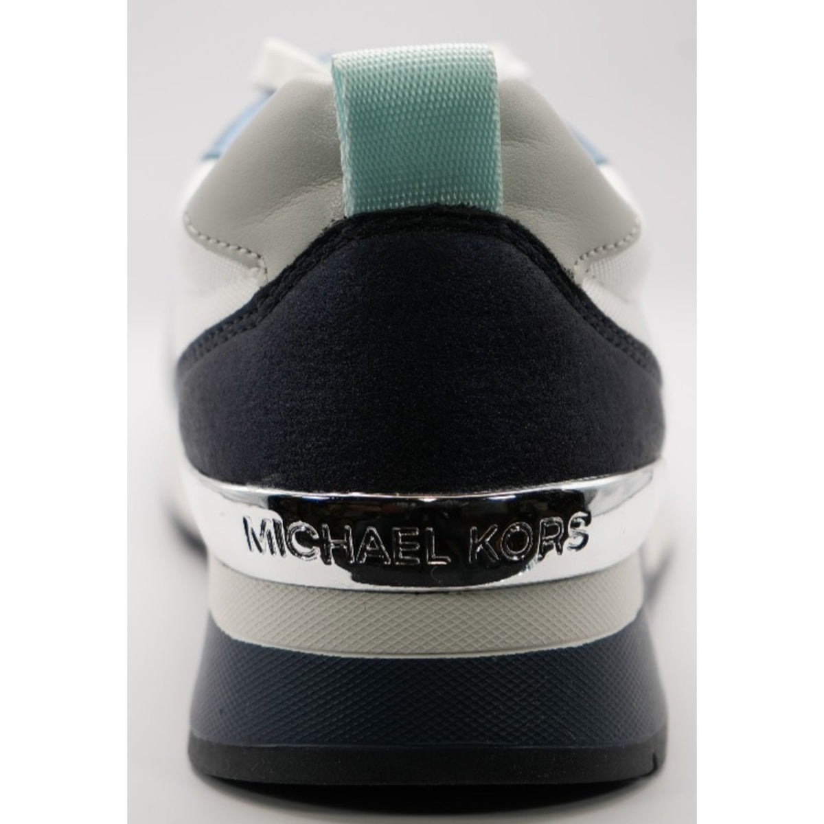 New MK MICHAEL KORS Allie Stride Trainer Lace-Up Sneakers Silver White Blue Sz 7