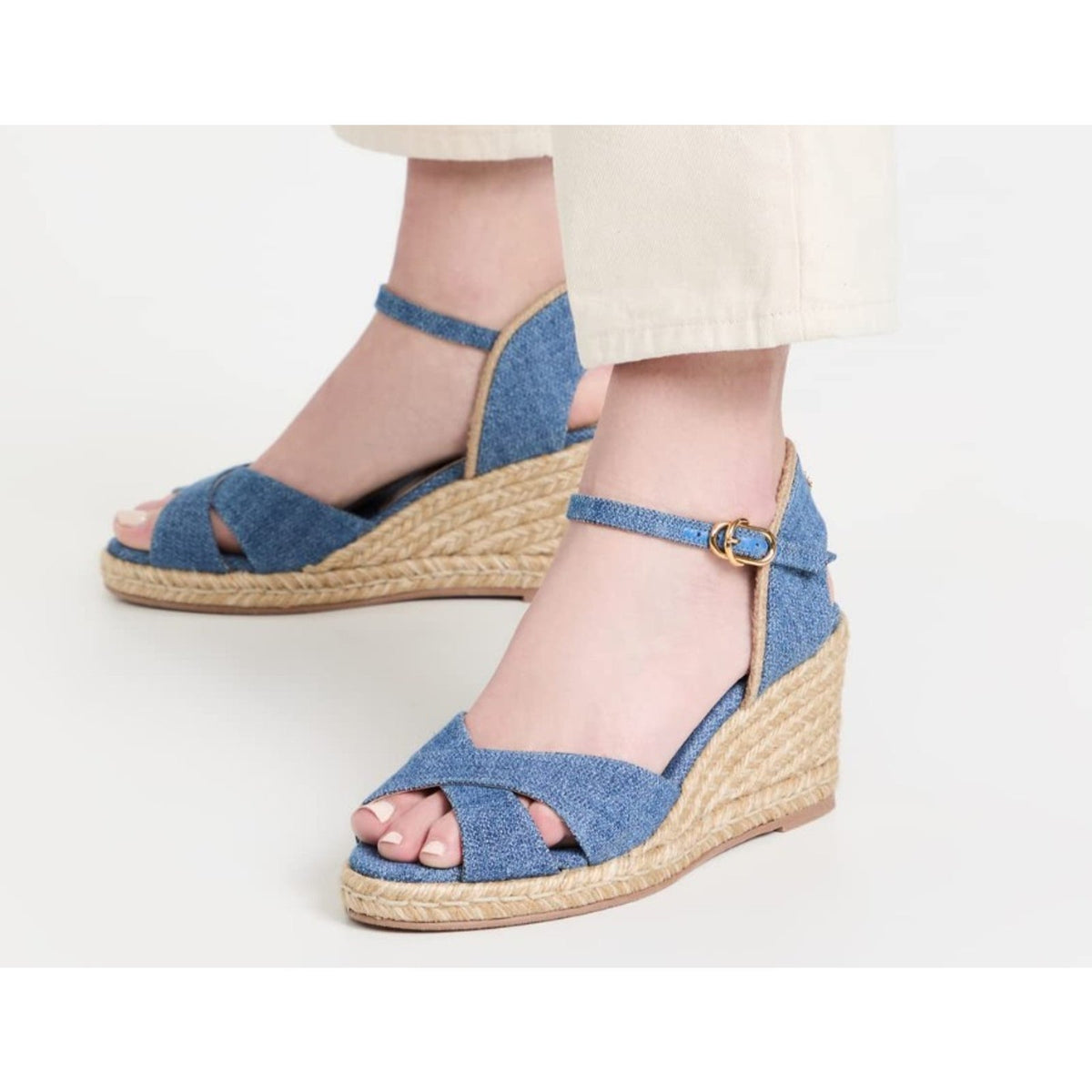 Stuart Weitzman Mirela Denim Espadrille Wedge Sandals Size 9