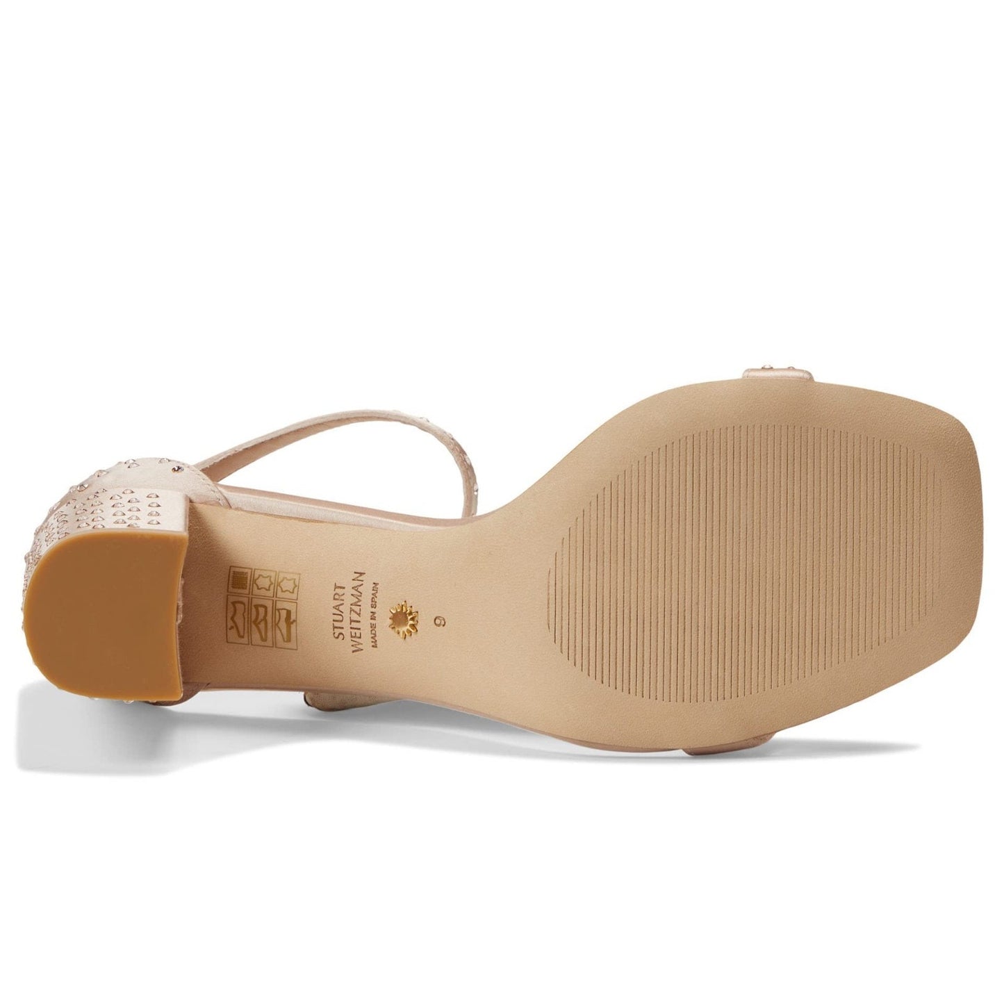 STUART WEITZMAN NUDISTCURVE 75 BLOCK Satin/Crystal Leather Sandal Nude Color 9 B