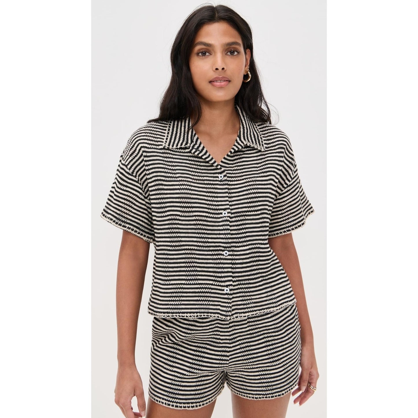 Z SUPPLY Women's Monaco Crochet 2 Pieces Top & Short Black White Striped Medium