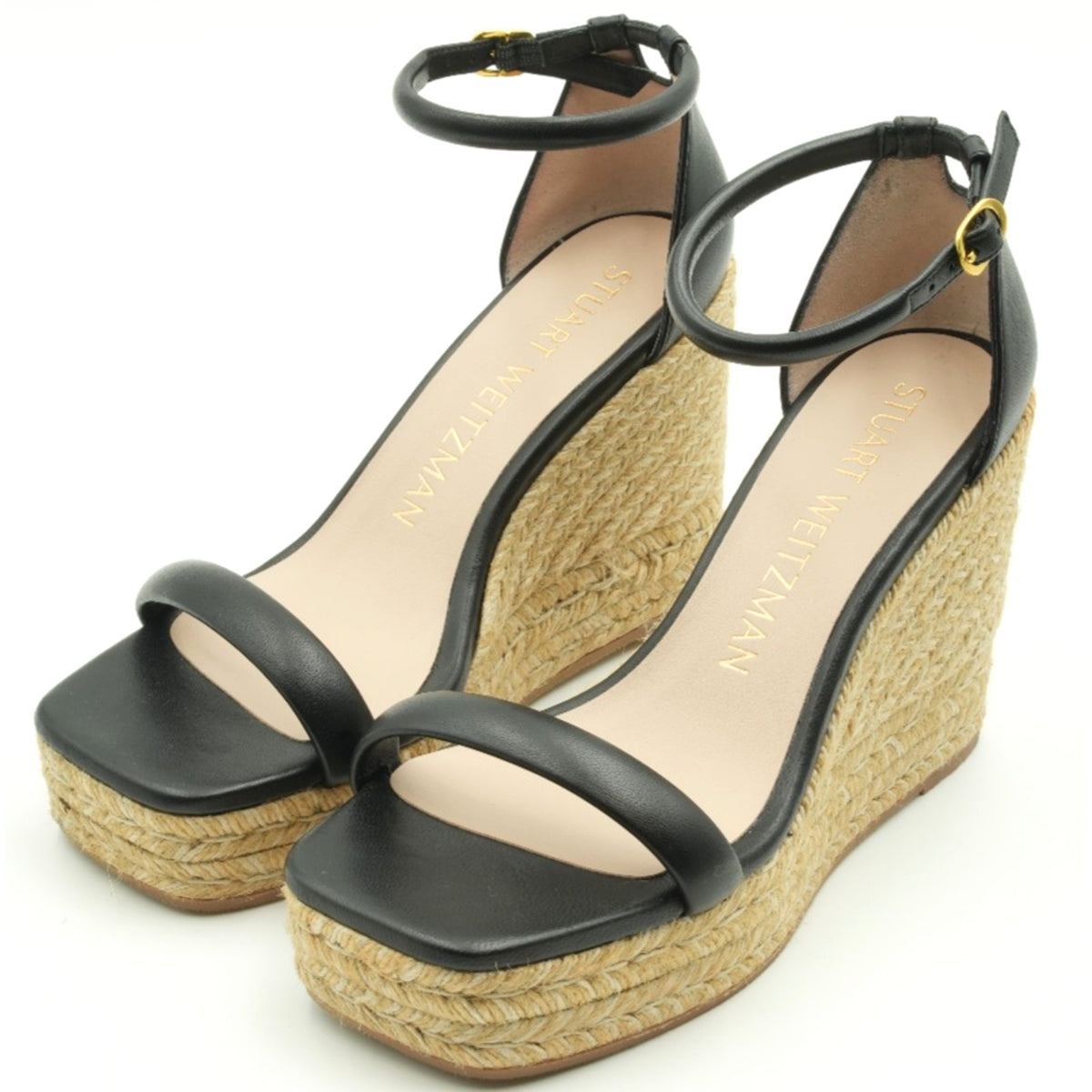 Stuart Weitzman Nudist Espadrille Women's Sandals Wedge Black leather 8 C Wide