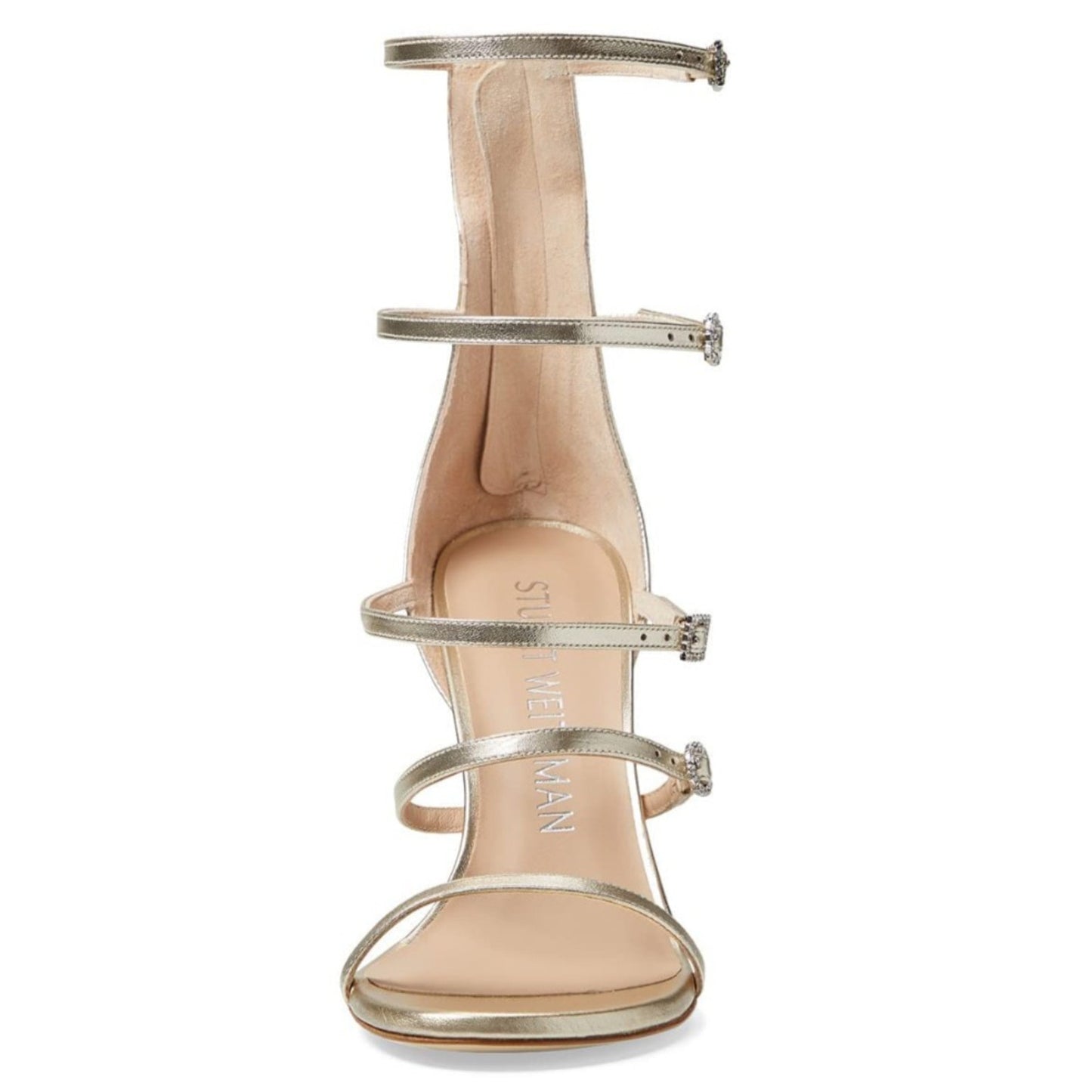 NIB Stuart Weitzman Nudist Crystal Buckle 100mm Silver Sandal Platino 8.5 B