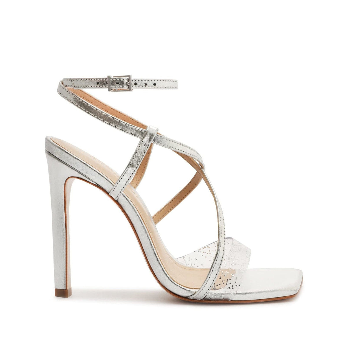 Schutz Aisha Women's Strappy Heel Sandals Cristal Prata Silver Clear Glitter 8.5