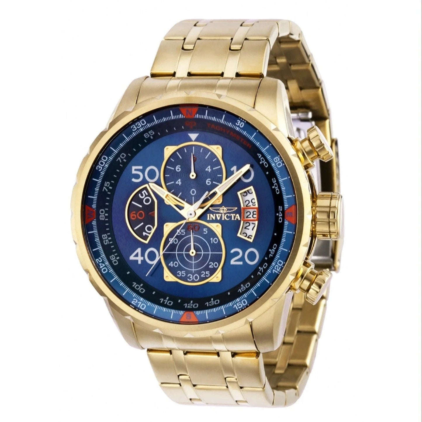 Invicta Men's Aviator Analog Quartz Chronograph Watch 48 MM Case Gold Blue Dial Invicta