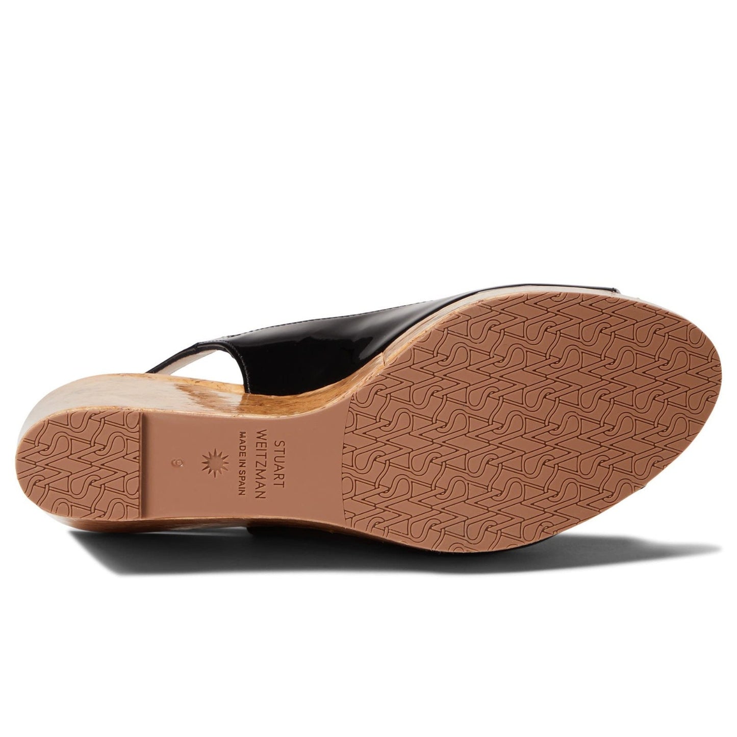 Stuart Weitzman Riviera Black Patent Cork Peep Toe Slingback Wedge 8 B