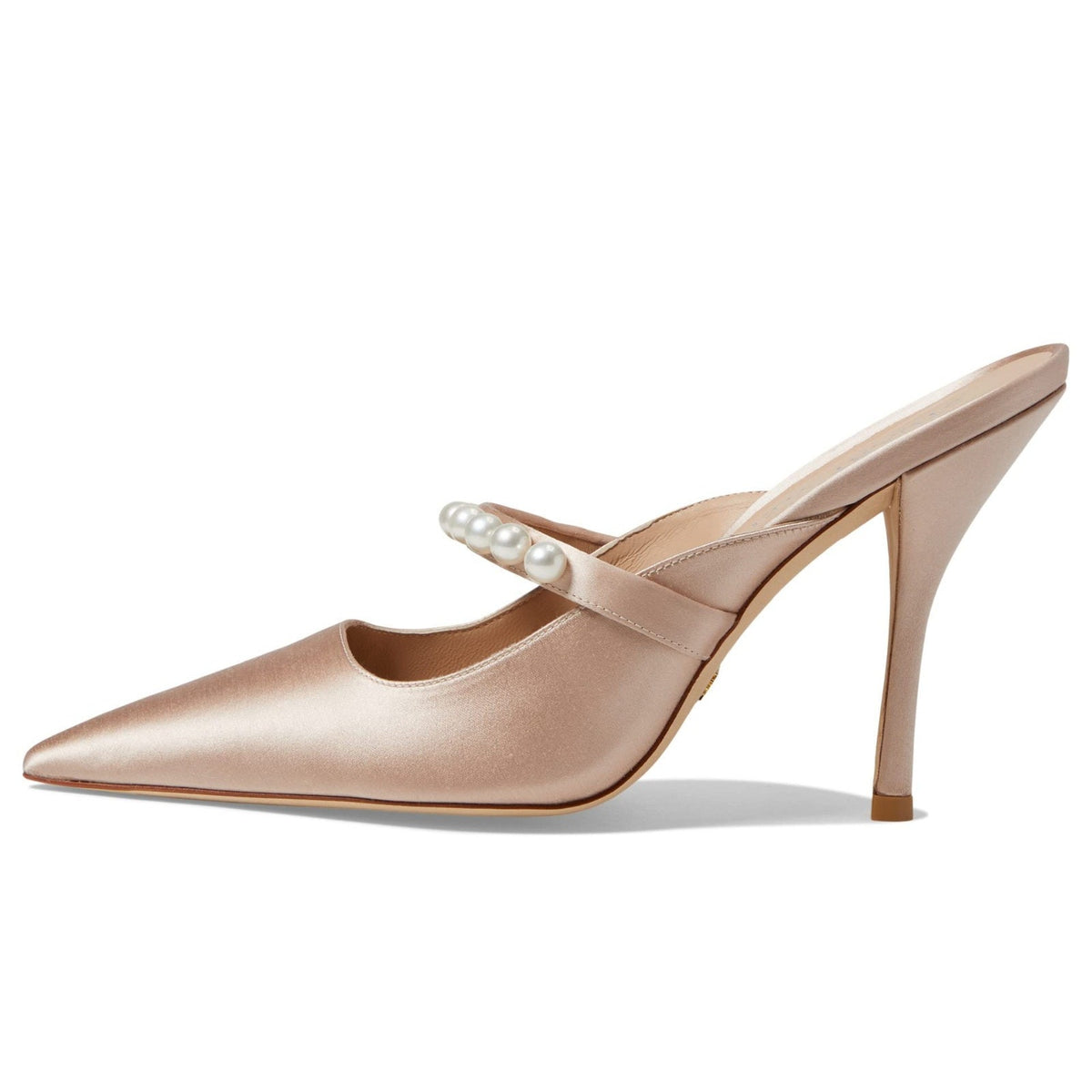 Stuart Weitzman Goldie 100 Women Mule Adobe Satin Heels Pearl Pointed Toe Beige Satin Size 9.5