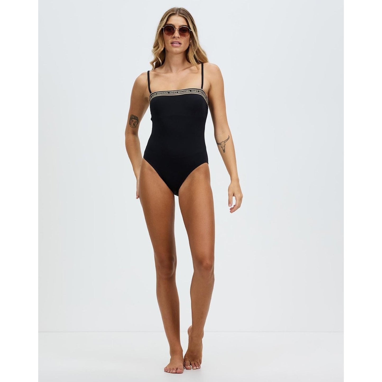 Michael Kors Logo Elastic Solids Square Neck One-Piece Black Size 8