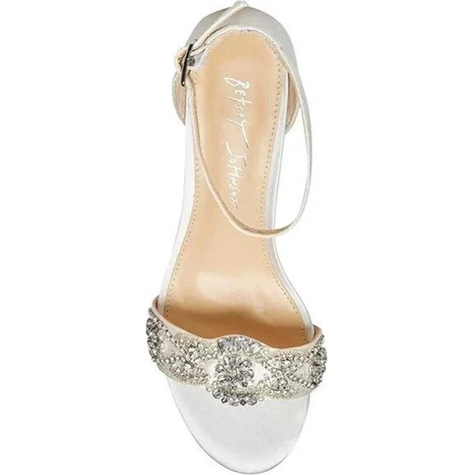 Betsey Johnson SB-Mel Block Heel Jeweled Satin Sandal Ivory Women 9M Betsey Johnson