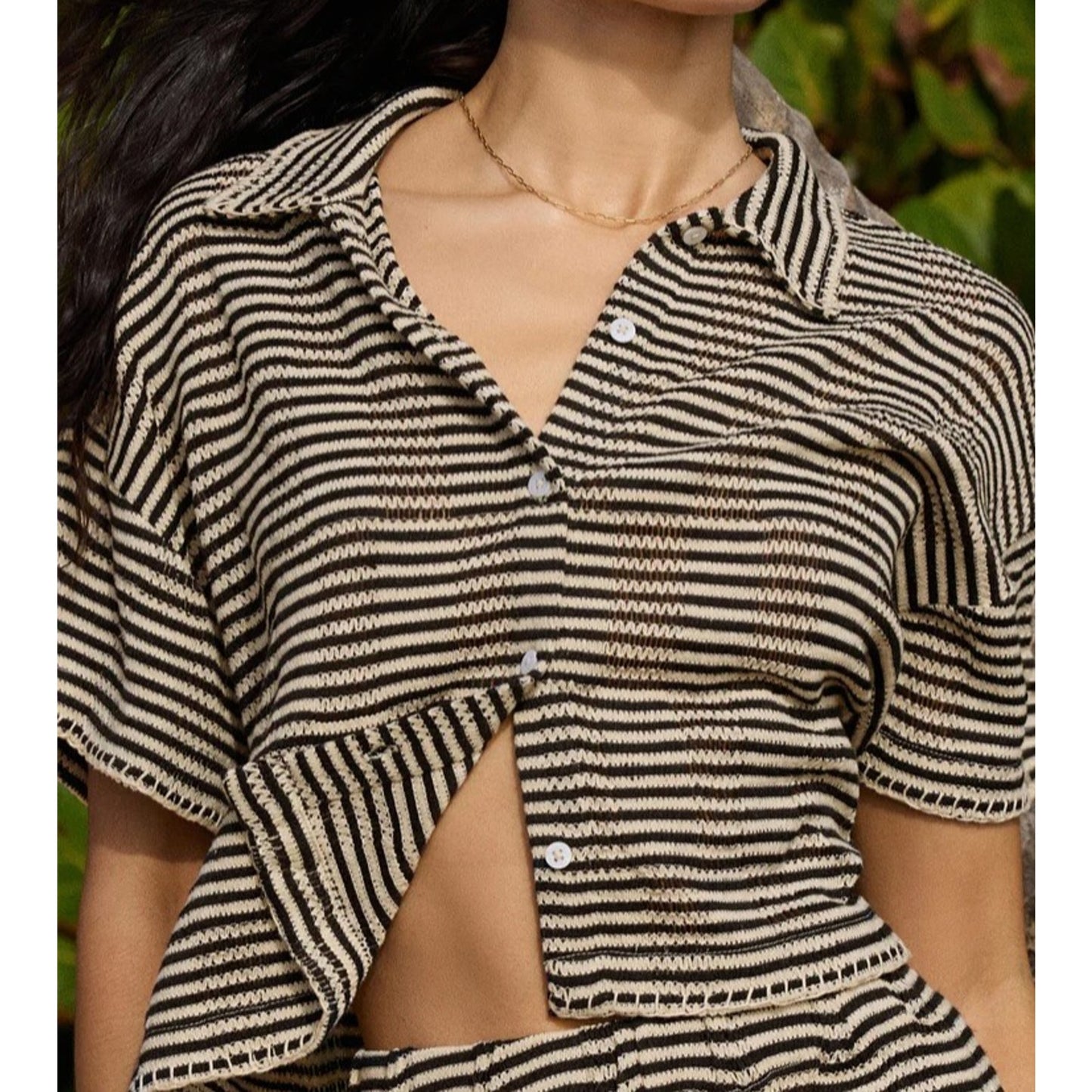 Z SUPPLY Women's Monaco Crochet 2 Pieces Top & Short Black White Striped Medium