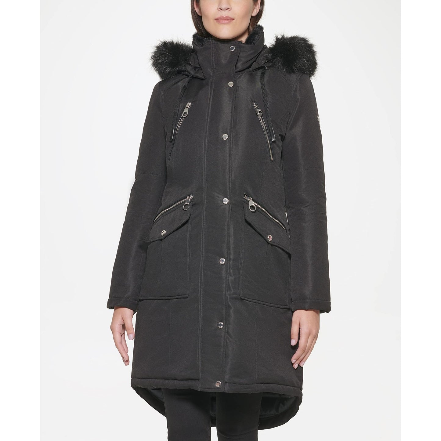 Guess Puffer Parka Jacket Black Removable Faux Fur Trim Hooded Coat Winter XL