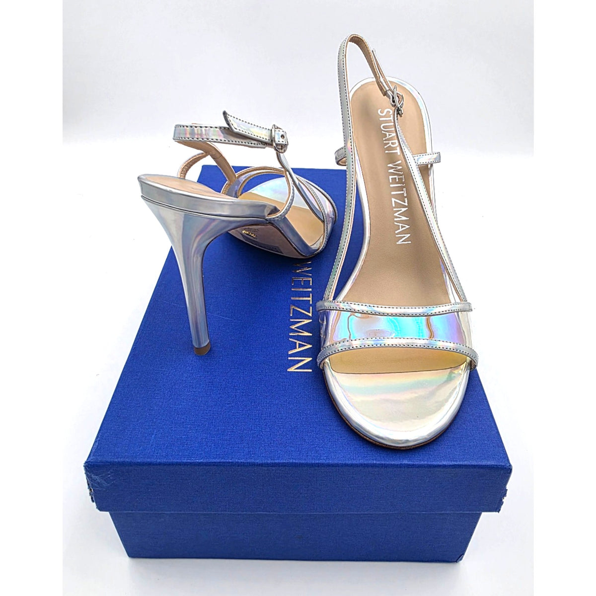 Stuart weitzman mondrian 100 sandal heels silver / aurora size 8.5