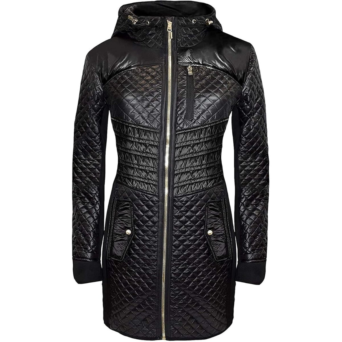 MICHAEL KORS Women's Black Mixed Media Coat Hooded Quilt Jacket Size X Large