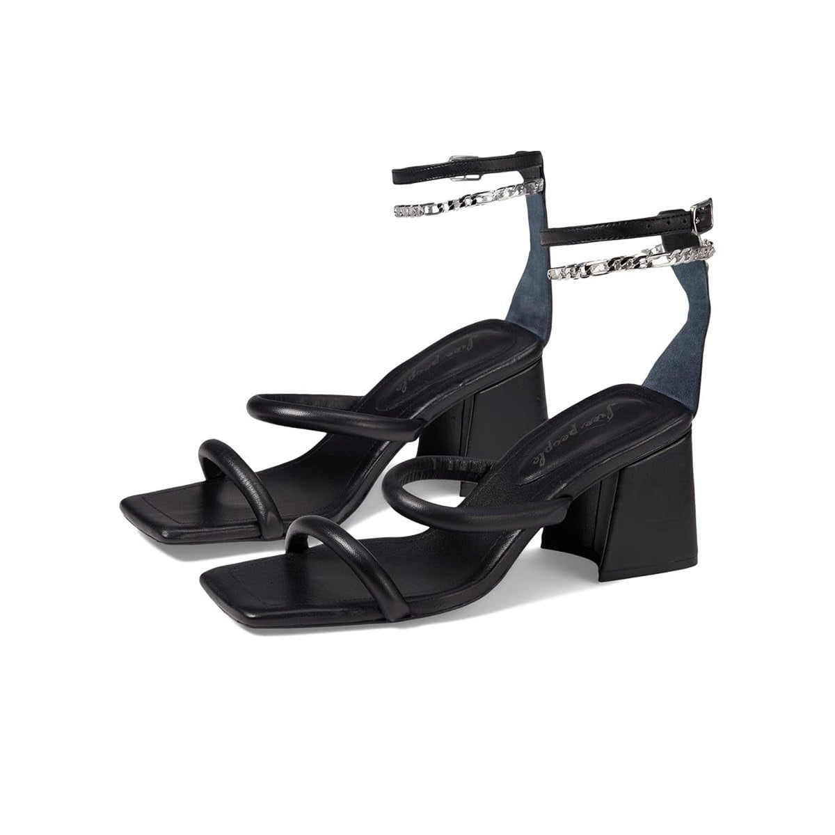 New Free People Parker Chain Heel Sandals, Black Leather Size 8.5