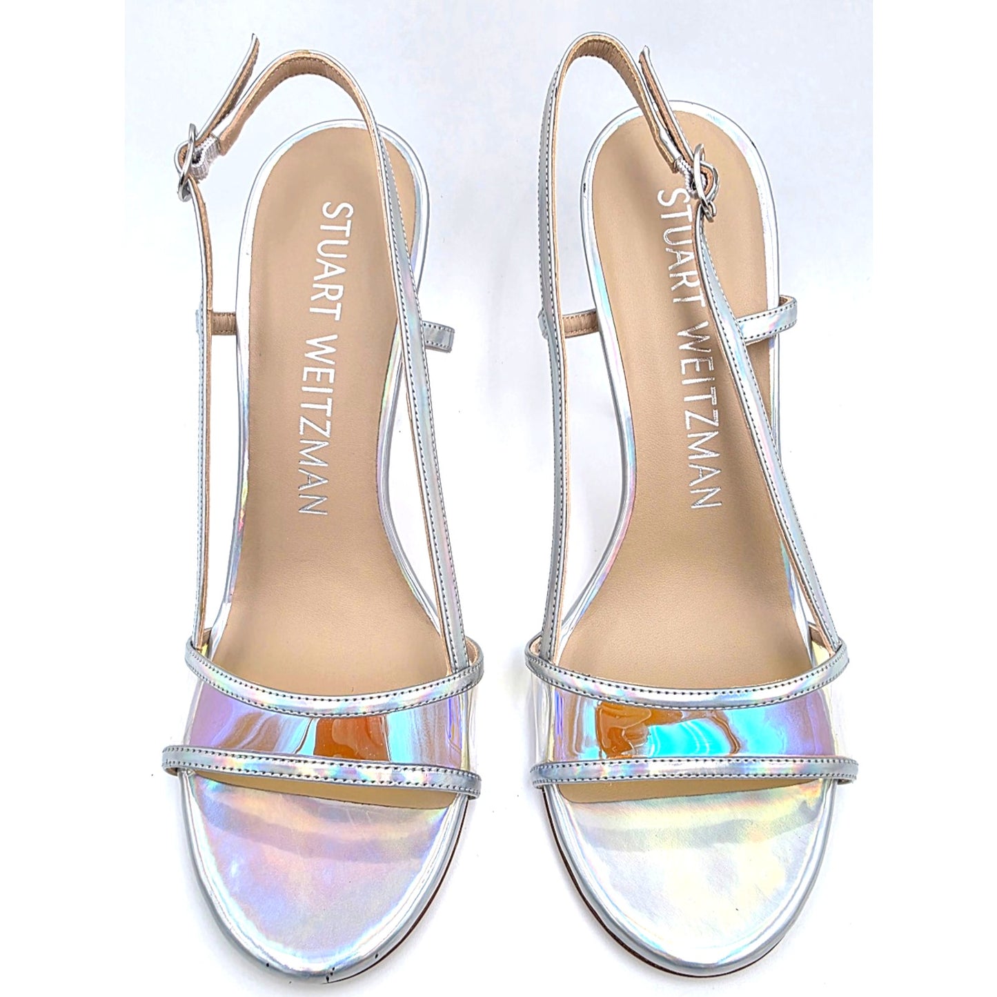 Stuart weitzman mondrian 100 sandal heels silver / aurora size 8