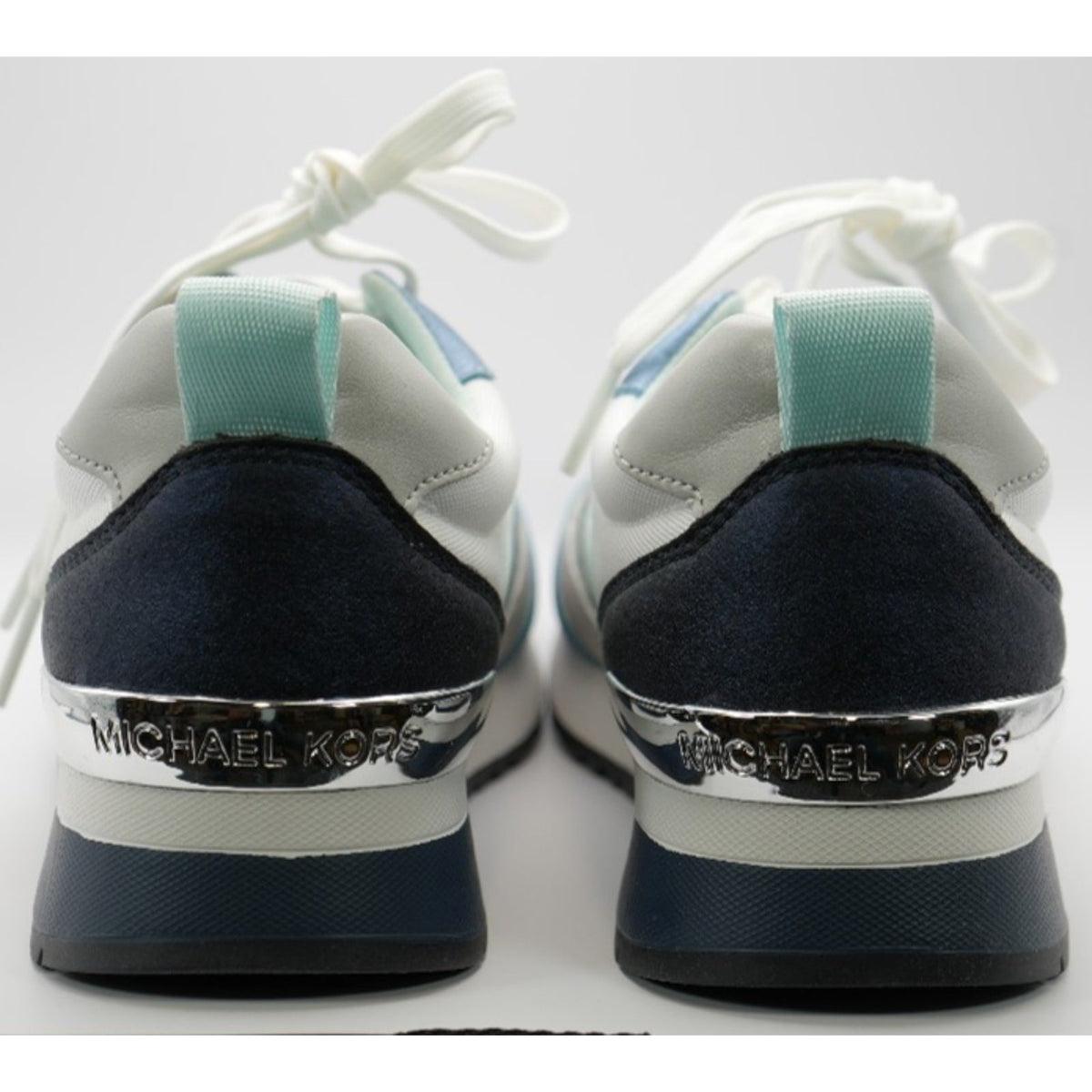 New MK MICHAEL KORS Allie Stride Trainer Lace-Up Sneakers Silver White Blue Sz 7