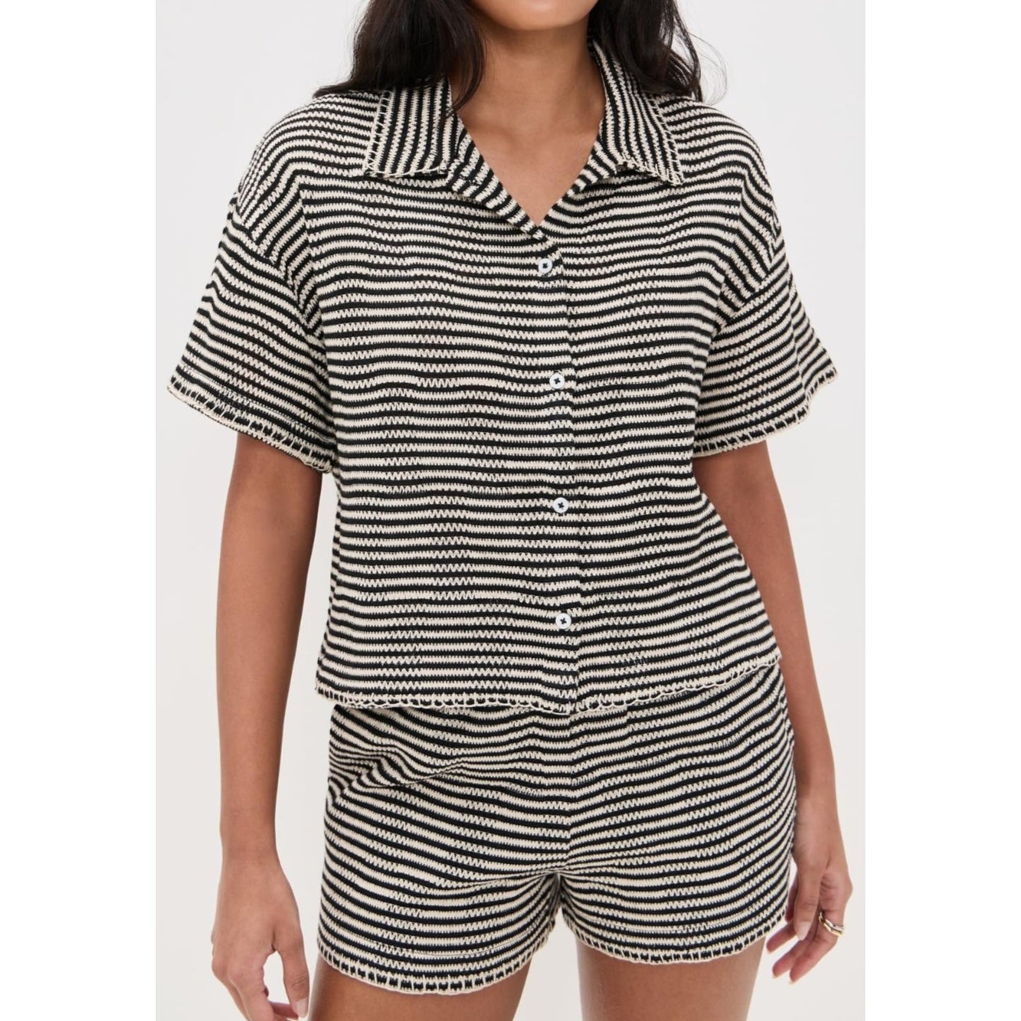 Z SUPPLY Women's Monaco Crochet 2 Pieces Top & Short Black White Striped Medium