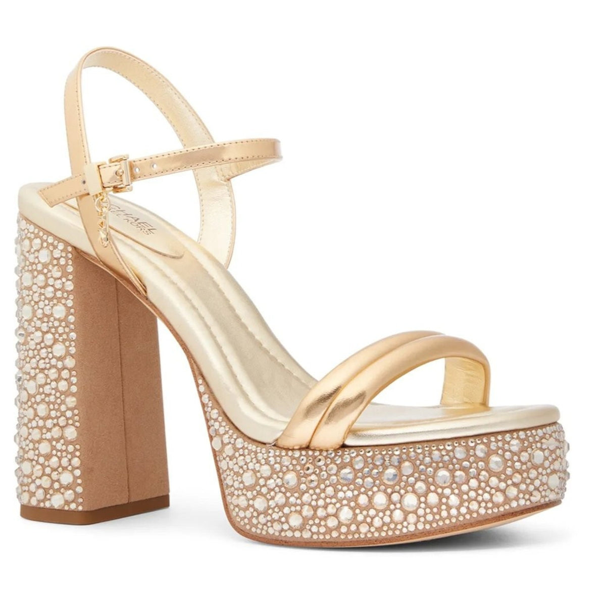 Michael Kors Laci Embellished Metallic Leather Platform Sandal Pale Gold Size 8