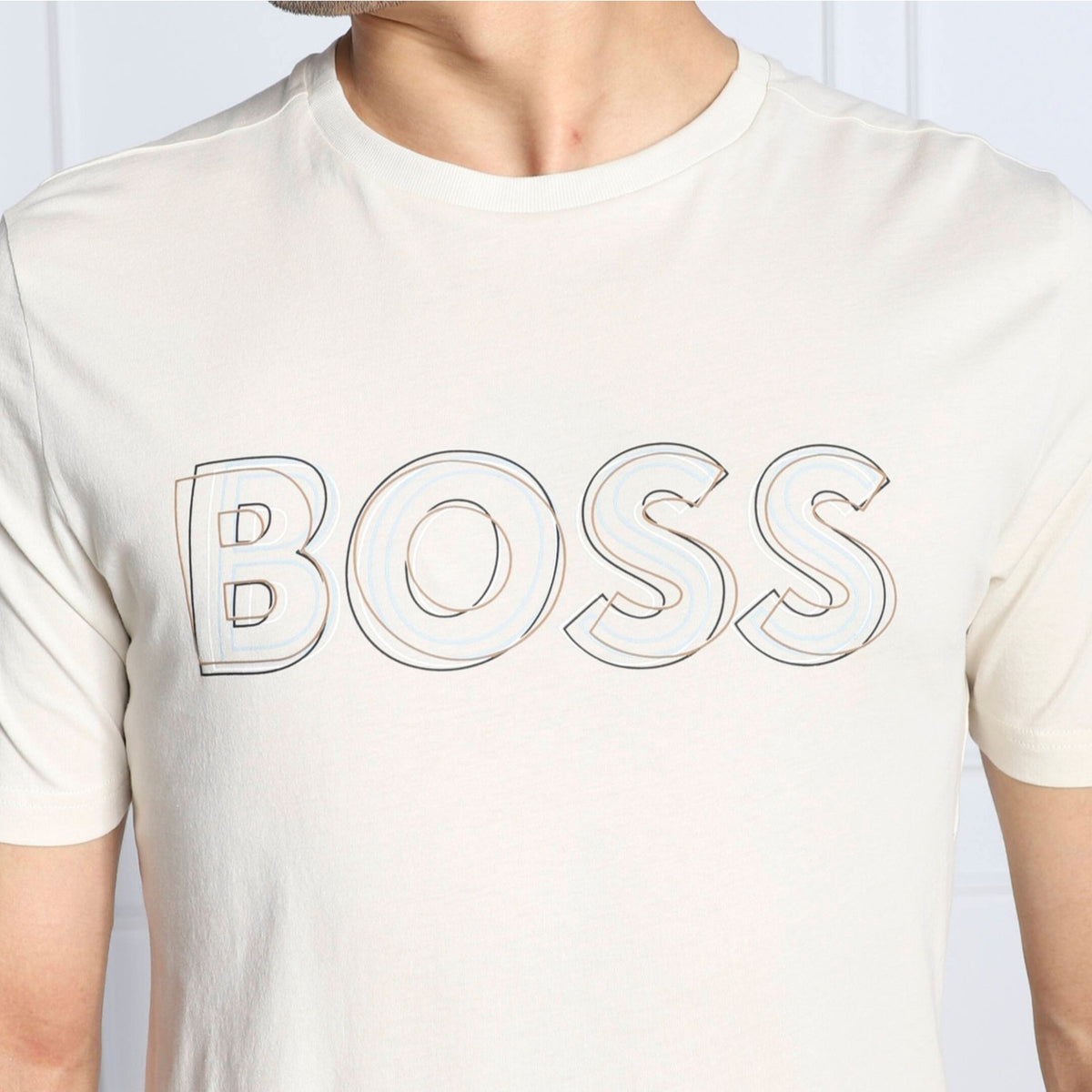 BOSS Men's Scribble Logo Jersey Cotton T-Shirt, Oat Milk, Medium