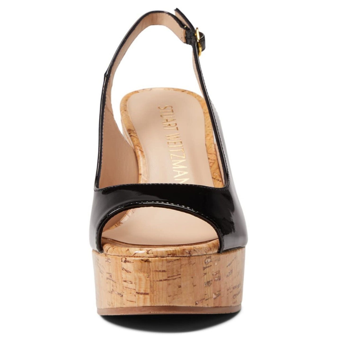 Stuart Weitzman Riviera Black Patent Cork Peep Toe Slingback Wedge 8 B
