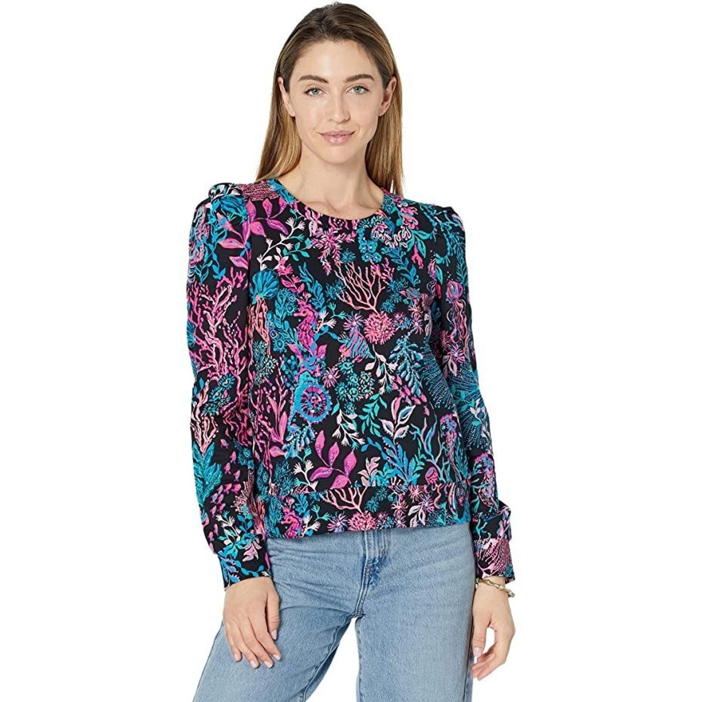 Lilly Pulitzer Jansen Sweatshirt Onyx Twilight Coral Pink Blouse Coastal X-Small