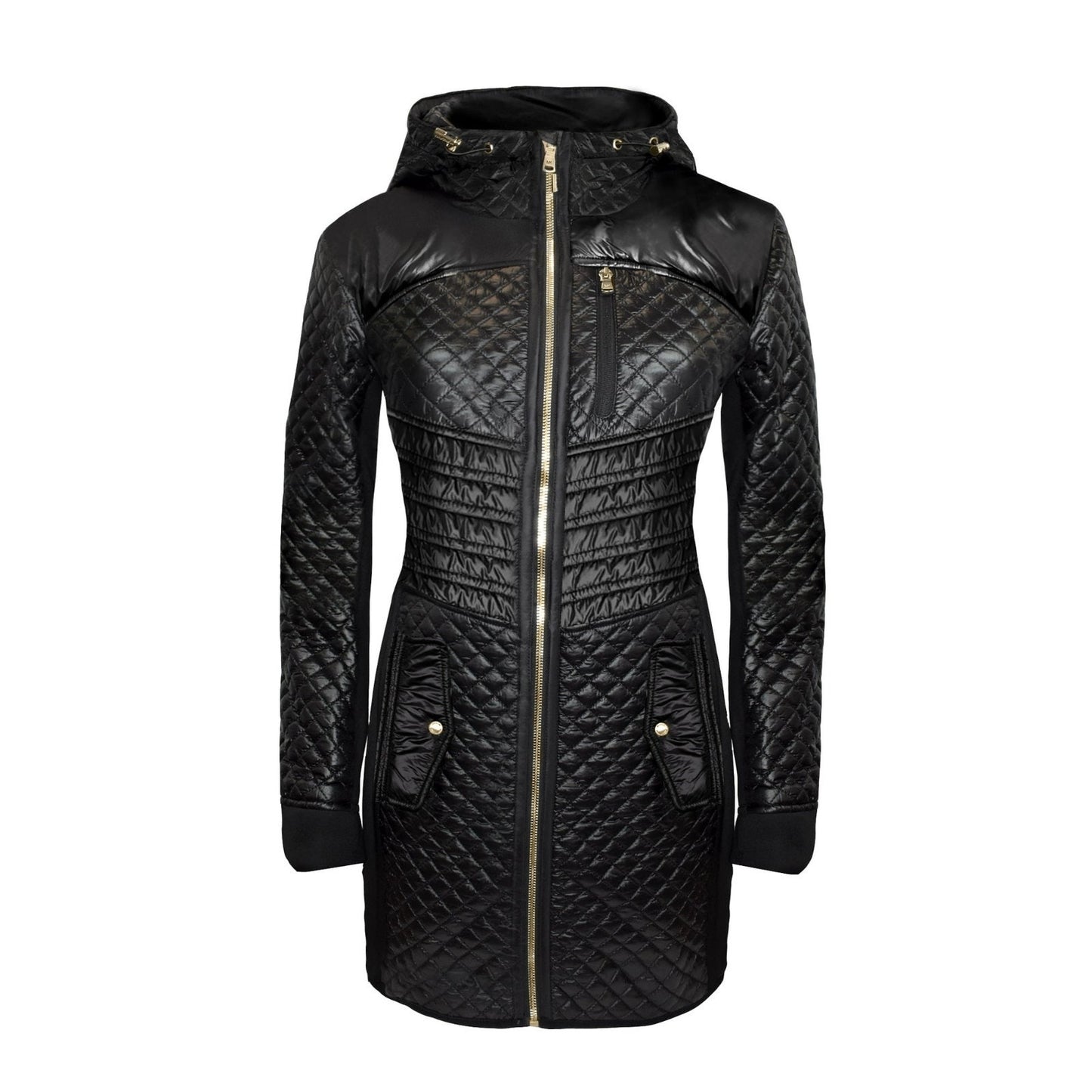 MICHAEL KORS Women's Black Mixed Media Coat Hooded Quilt Jacket Size X Large