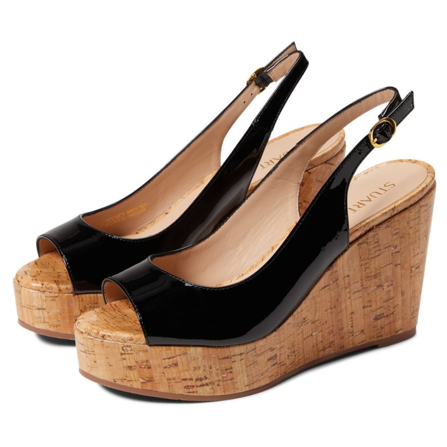 Stuart Weitzman Riviera Black Patent Cork Peep Toe Slingback Wedge 8 B