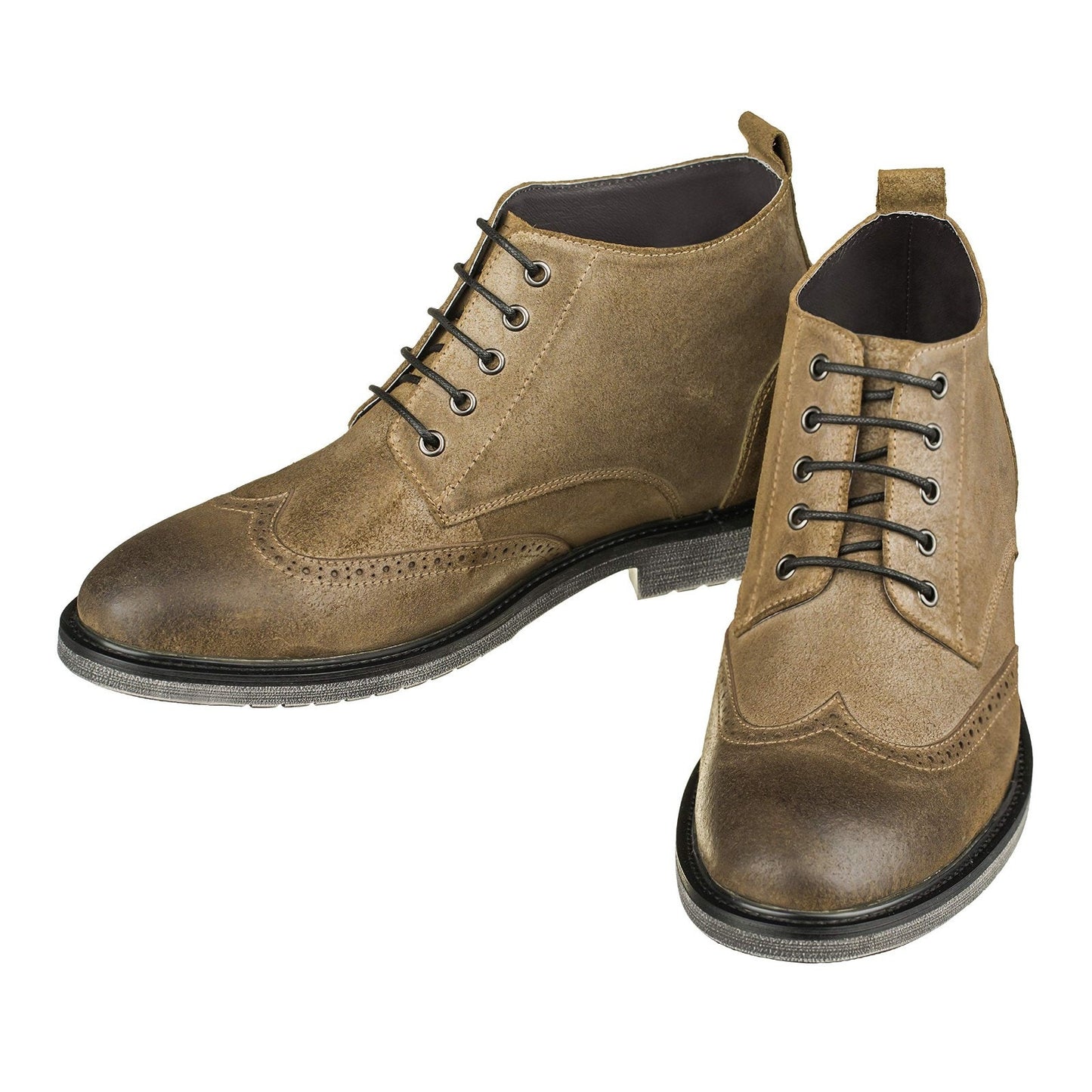 Men's Elevator Shoes Invisible Height Increas 3" Taller Wing-tip Khaki Suede 9M