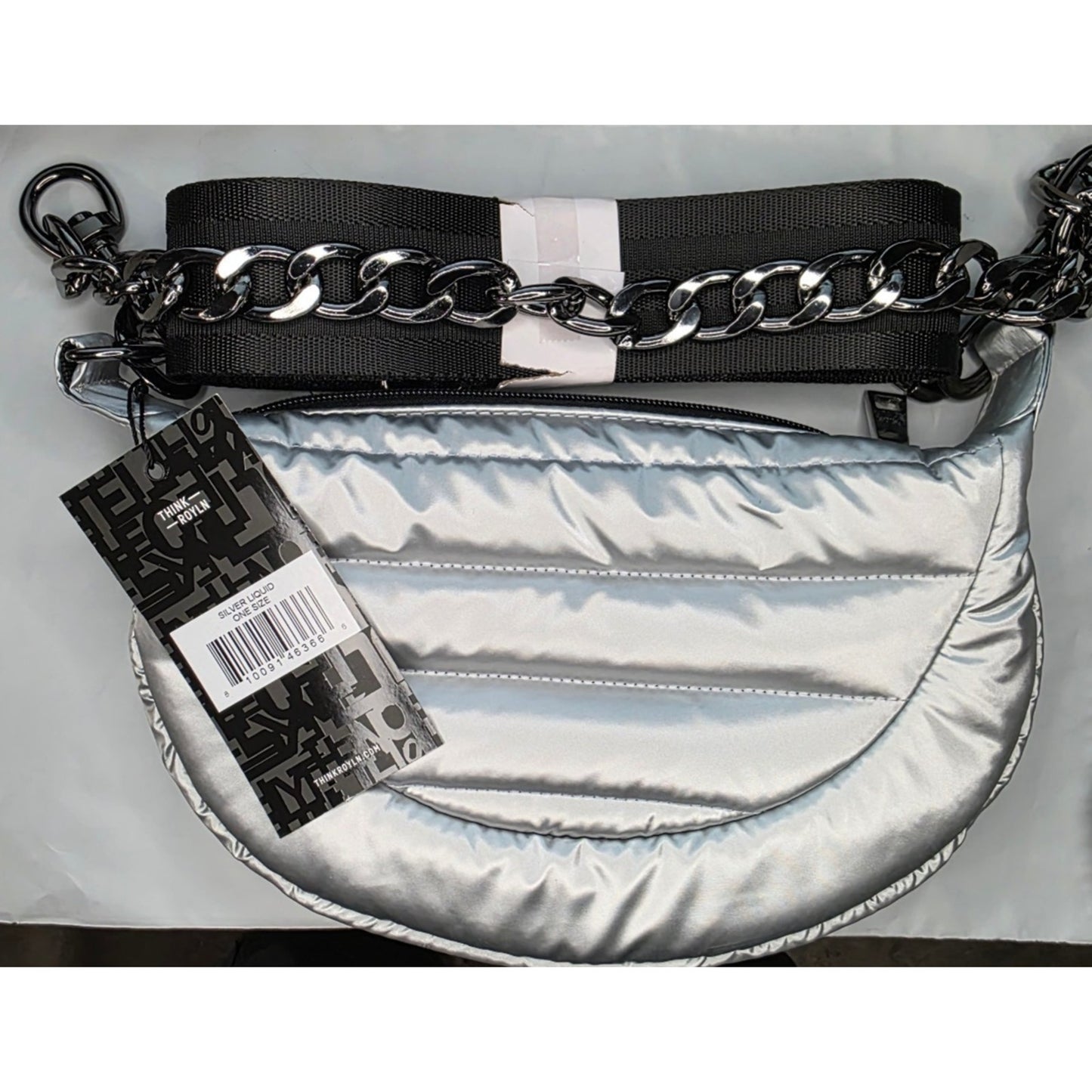 THINK ROYLN Rolyn Tiny Dancer Small Silver Liquid Bag W/ Black Hardware NWT