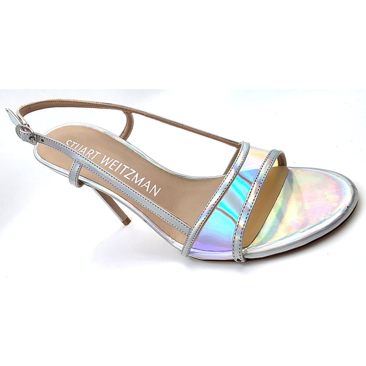 Stuart weitzman mondrian 100 sandal heels silver / aurora size 8