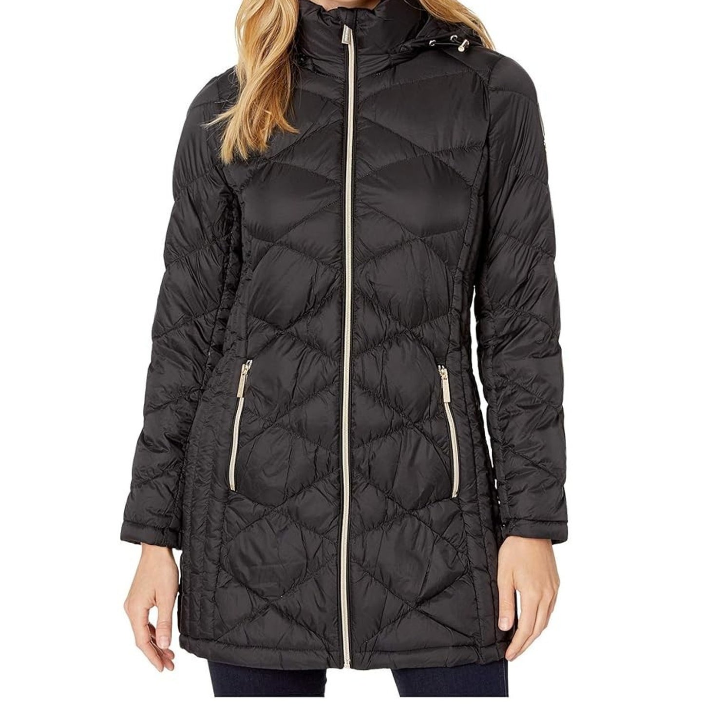 Michael Kors Women Black Removable Hooded Down Fill Packable Jacket Coat Medium