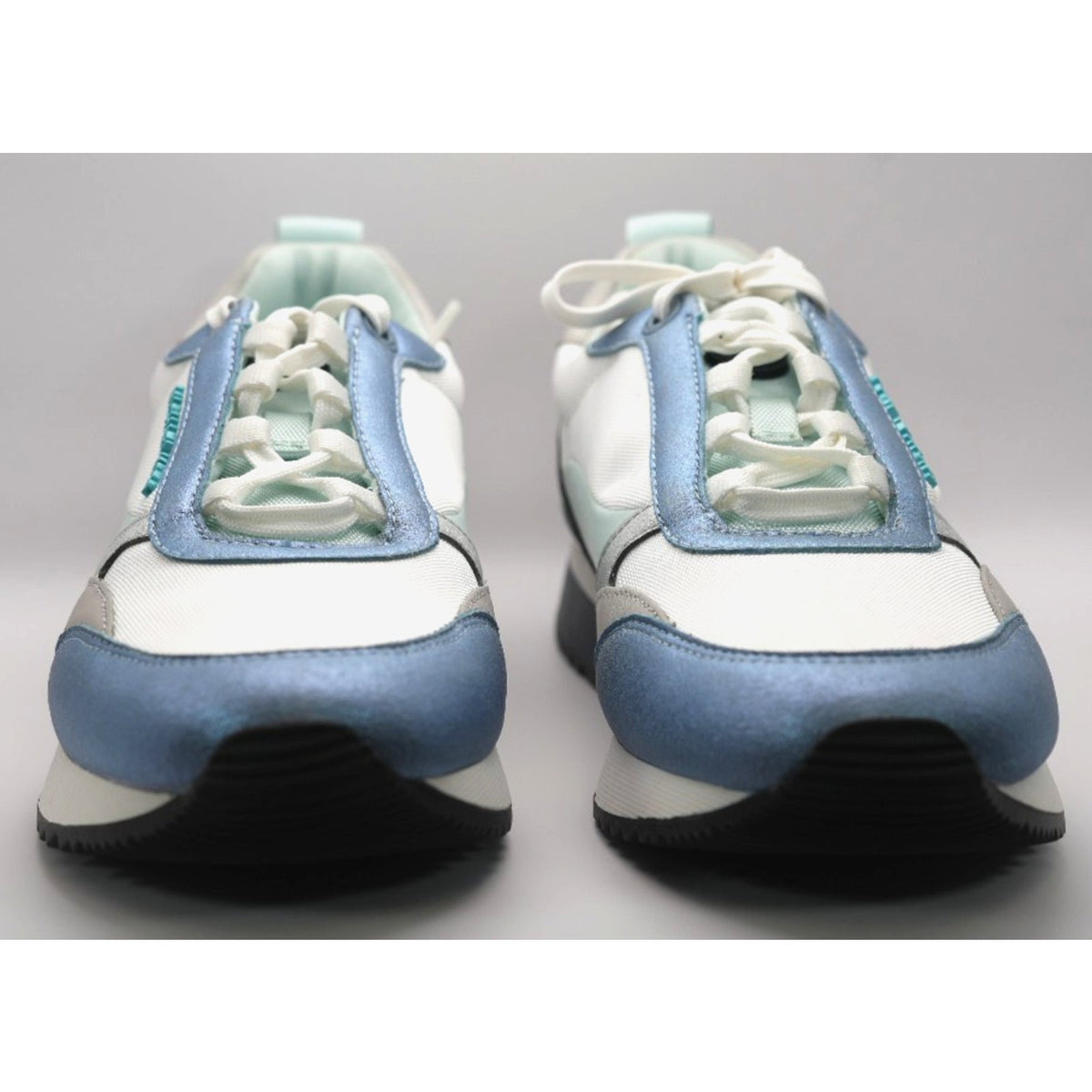 New MK MICHAEL KORS Allie Stride Trainer Lace-Up Sneakers Silver White Blue Sz 7