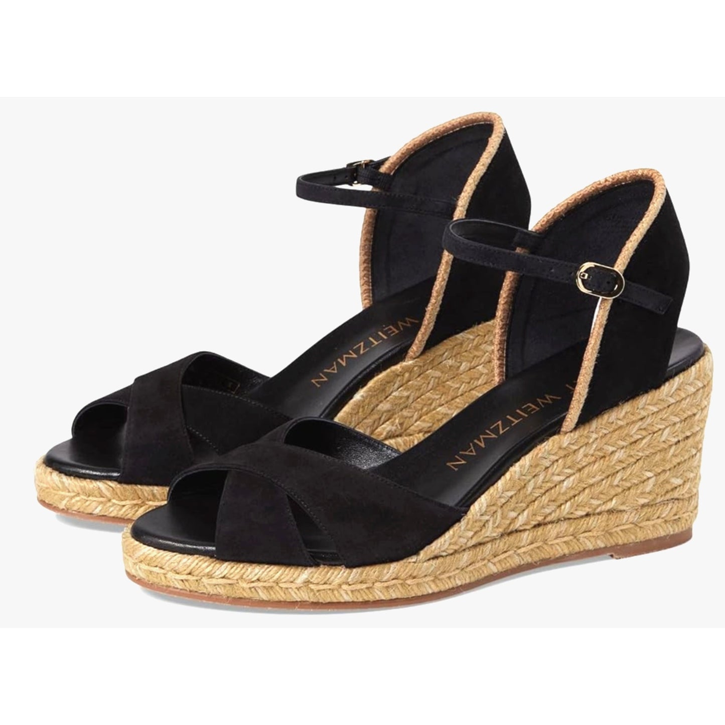 NEW Stuart Weitzman Black/Natural Suede Espadrille Wedge Sandals Strap 9.5
