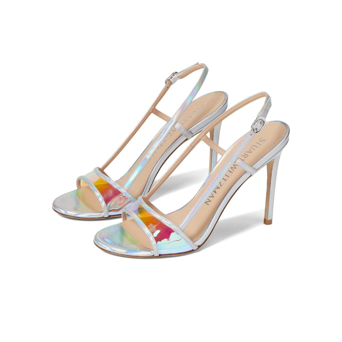 Stuart weitzman mondrian 100 sandal heels silver / aurora size 8