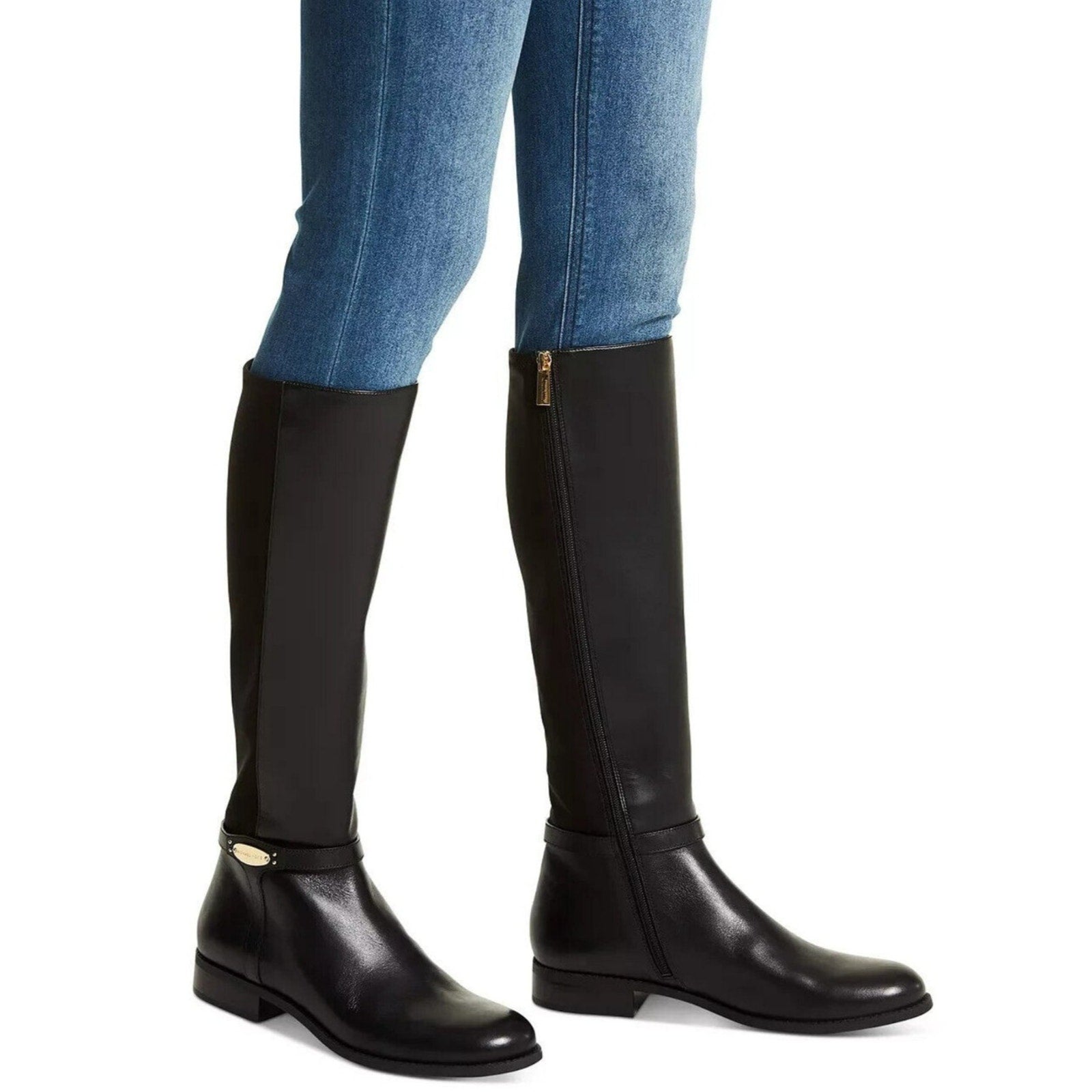 Michael Kors Women's Finley Leather and Logo Riding Boot Black Size 8.5 Michael Kors