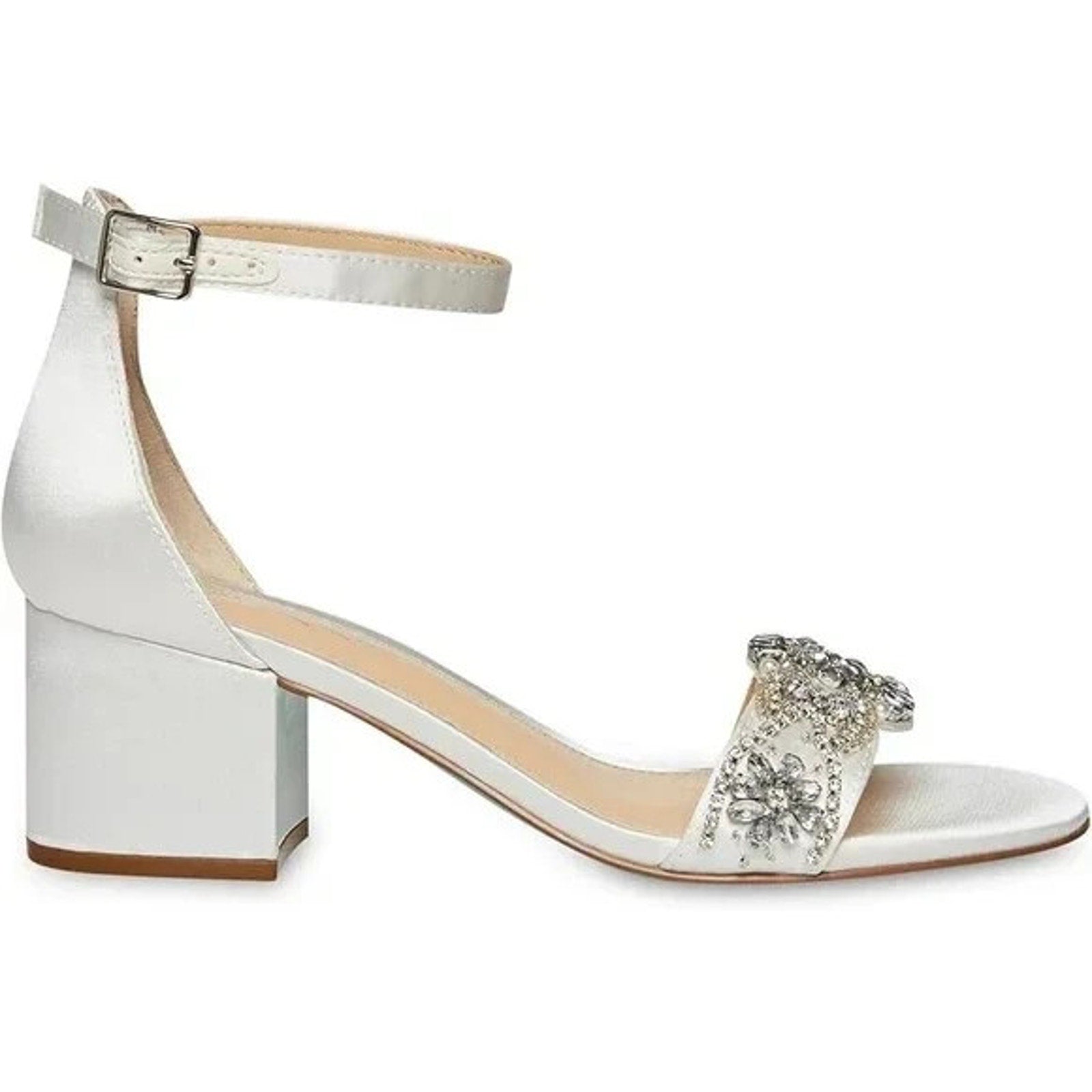 Betsey Johnson SB-Mel Block Heel Jeweled Satin Sandal Ivory Women 9M Betsey Johnson