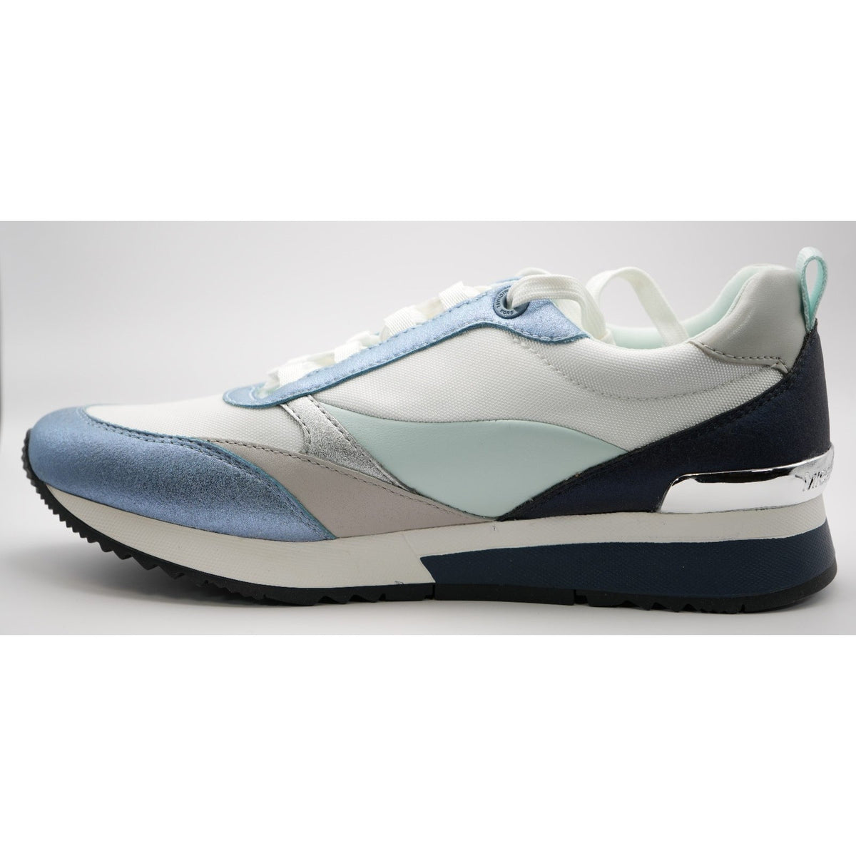 New MK MICHAEL KORS Allie Stride Trainer Lace-Up Sneakers Silver White Blue Sz 7