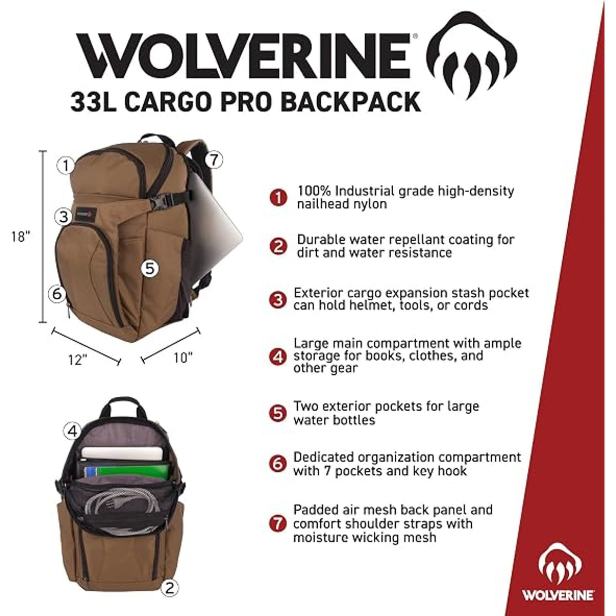 WOLVERINE unisex adult 33L Cargo Pro Backpack Gunmetal 17" laptop 18 x 12x10