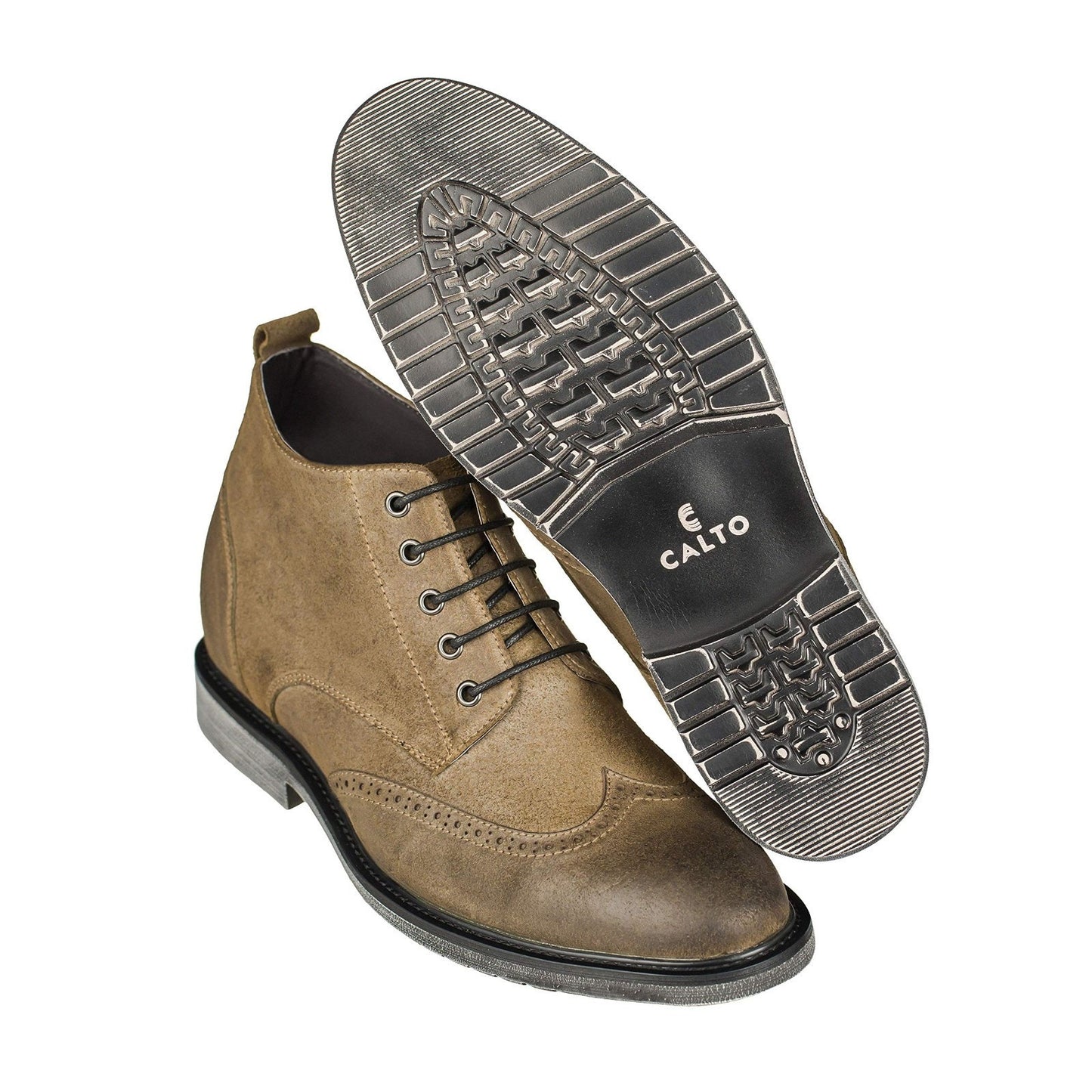 Men's Elevator Shoes Invisible Height Increas 3" Taller Wing-tip Khaki Suede 9M