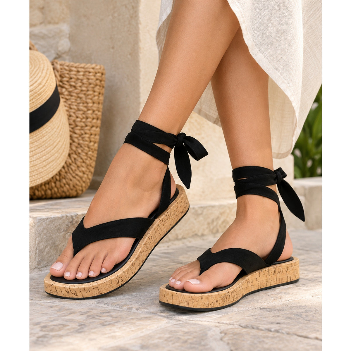 Aerosoles Francesca Women’s Black Thong Sandals Ankle Tie Cork Platform Suede 8