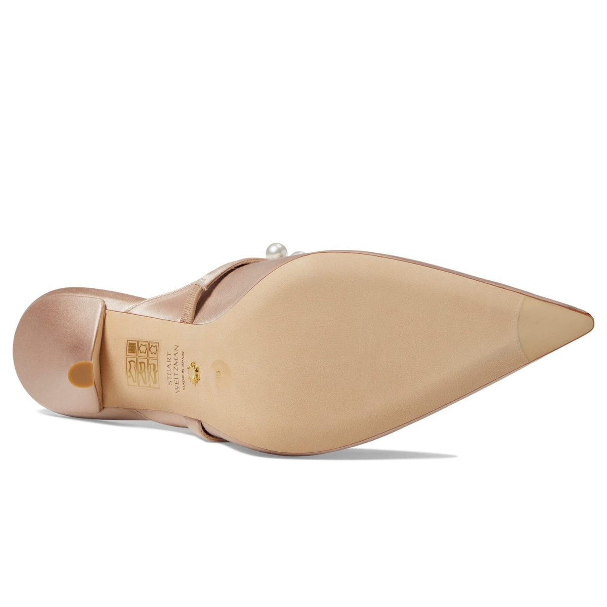 Stuart Weitzman Goldie 100 Women Mule Adobe Satin Heels Pearl Pointed Toe Beige Satin Size 9.5