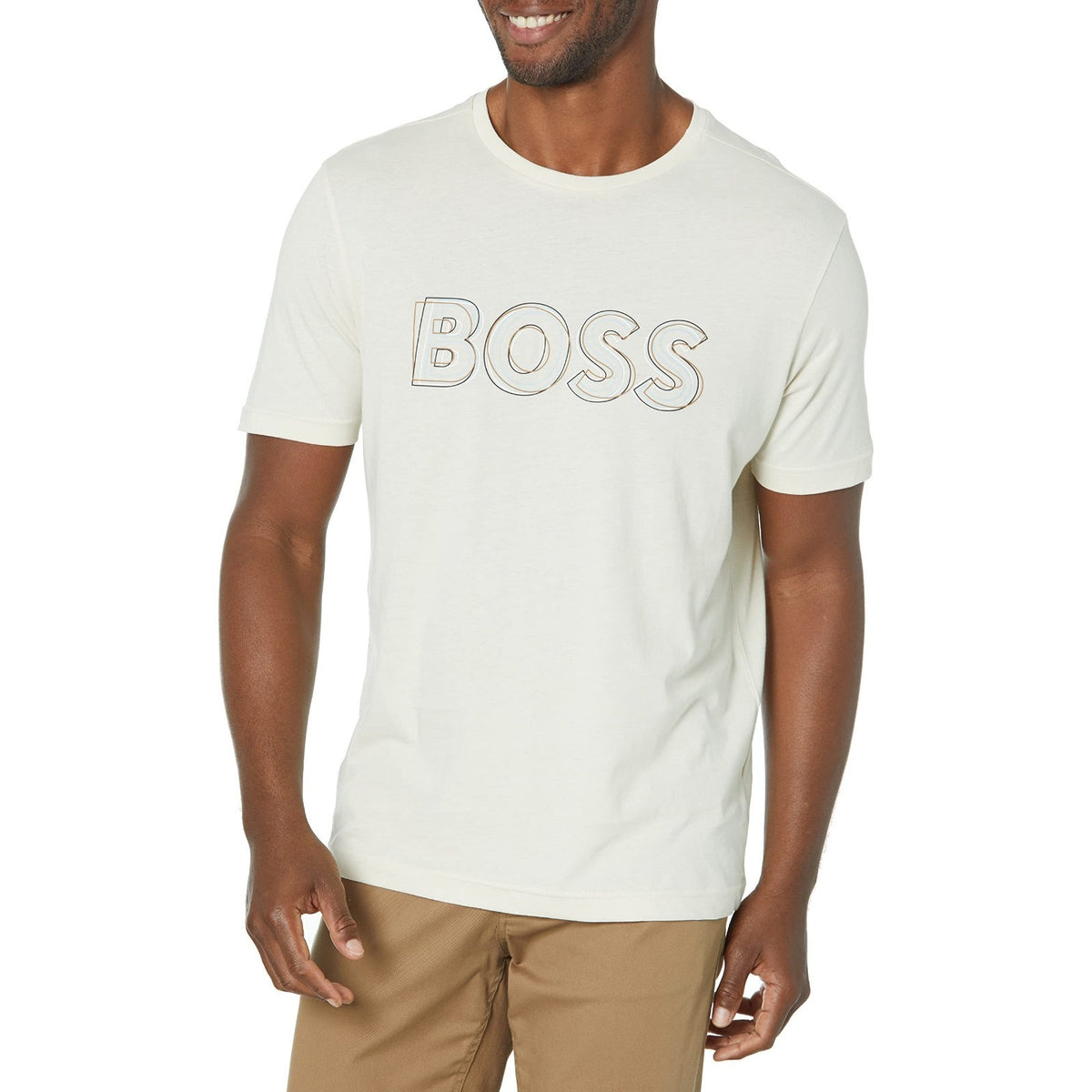 BOSS Men's Scribble Logo Jersey Cotton T-Shirt, Oat Milk, Medium