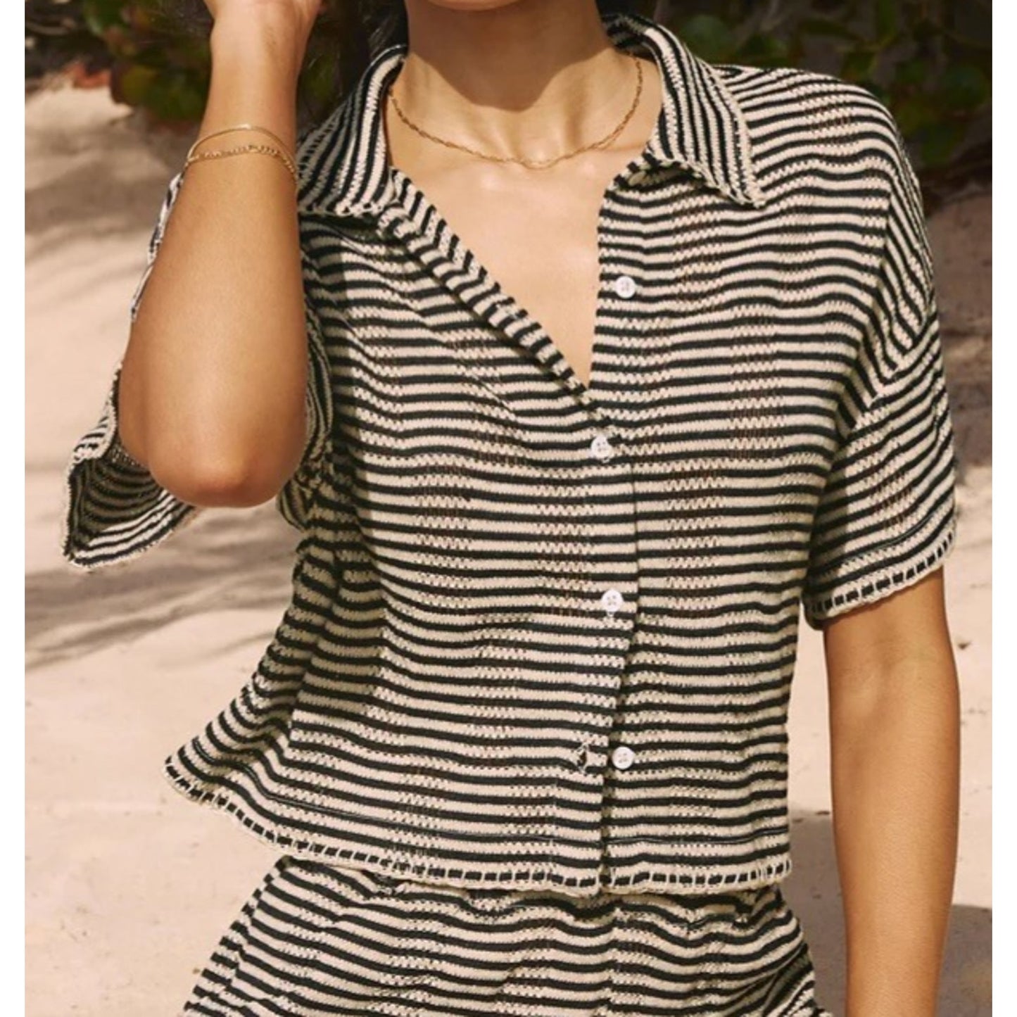 Z SUPPLY Women's Monaco Crochet 2 Pieces Top & Short Black White Striped Medium