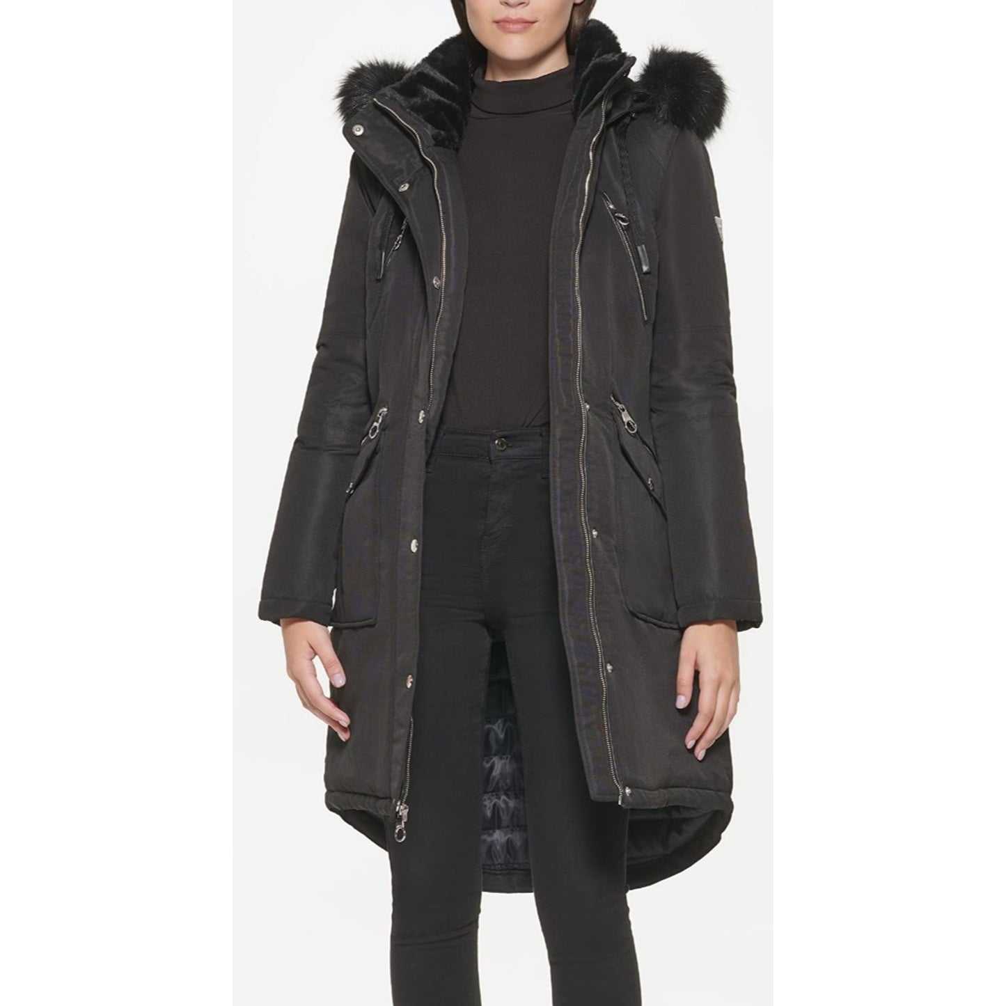 Guess Puffer Parka Jacket Black Removable Faux Fur Trim Hooded Coat Winter XL