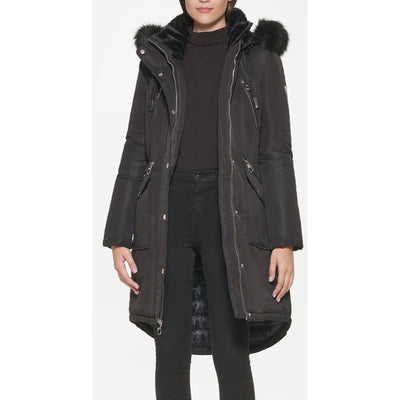Guess Puffer Parka Jacket Black Removable Faux Fur Trim Hooded Coat Winter XL