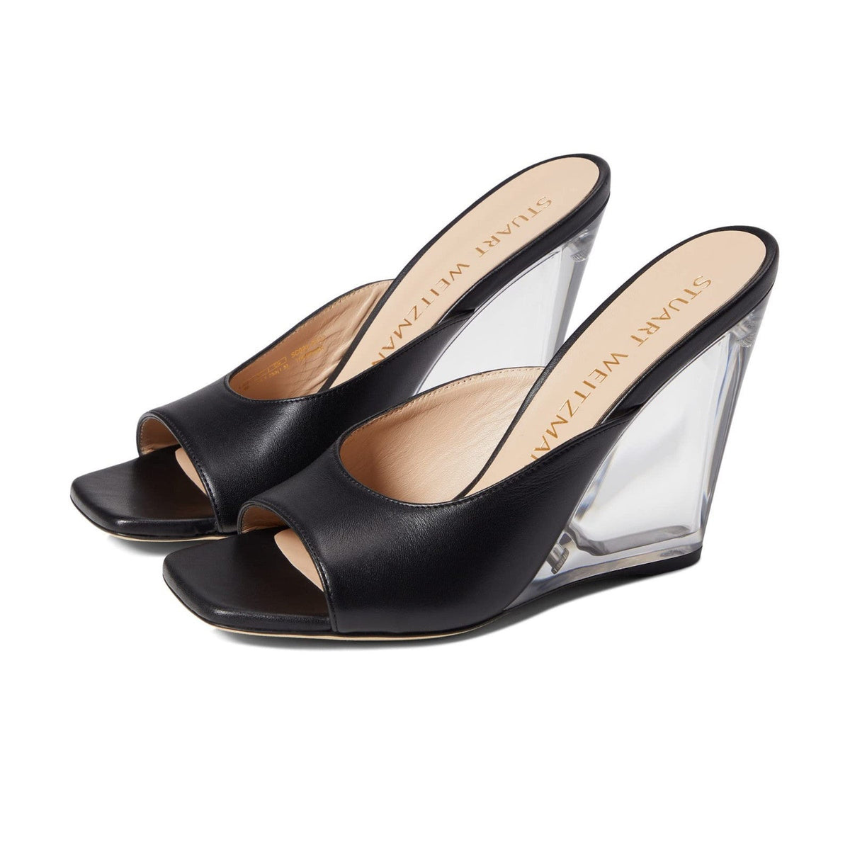 Stuart Weitzman Tia 100 Womens Sandals Lucite Wedge Black Leather 9 B