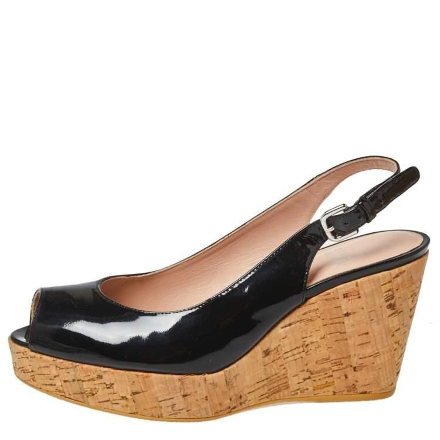 Stuart Weitzman Riviera Black Patent Cork Peep Toe Slingback Wedge 8 B