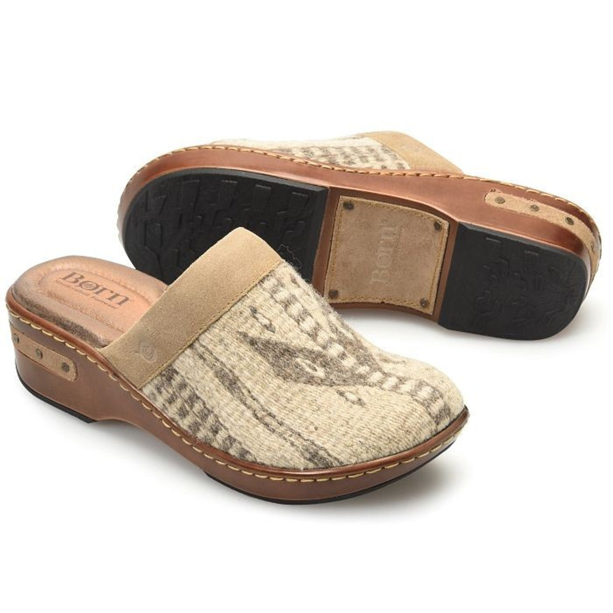 Born Bandy Taupe Birch Blanket Wool Womens Clogs Shoes Mules size 7