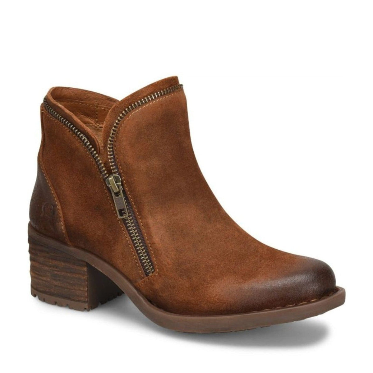 Born Montoro II Zip Women's Stacked Heel Bootie Distressed Suede Brown Size 8
