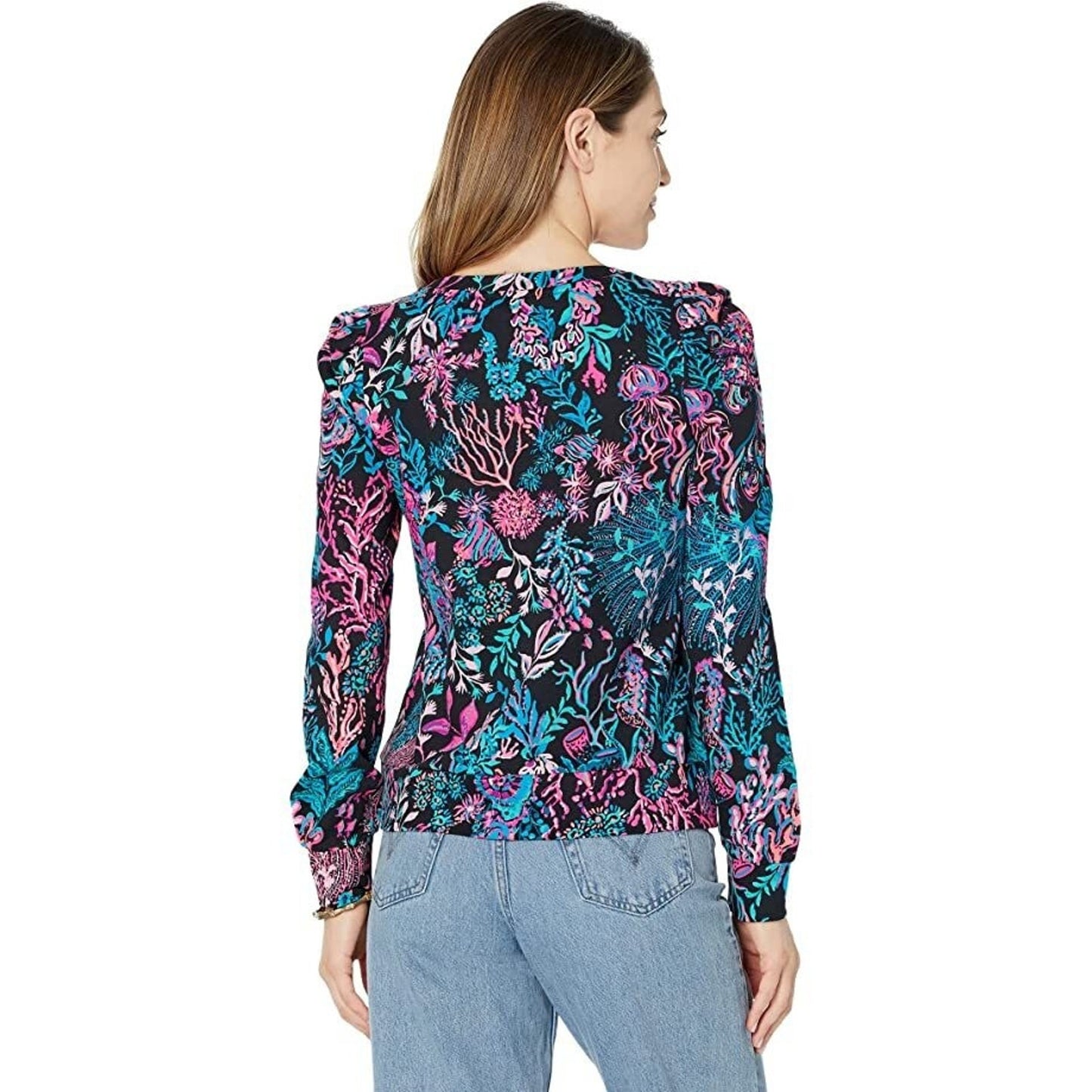 Lilly Pulitzer Jansen Sweatshirt Onyx Twilight Coral Pink Blouse Coastal X-Small