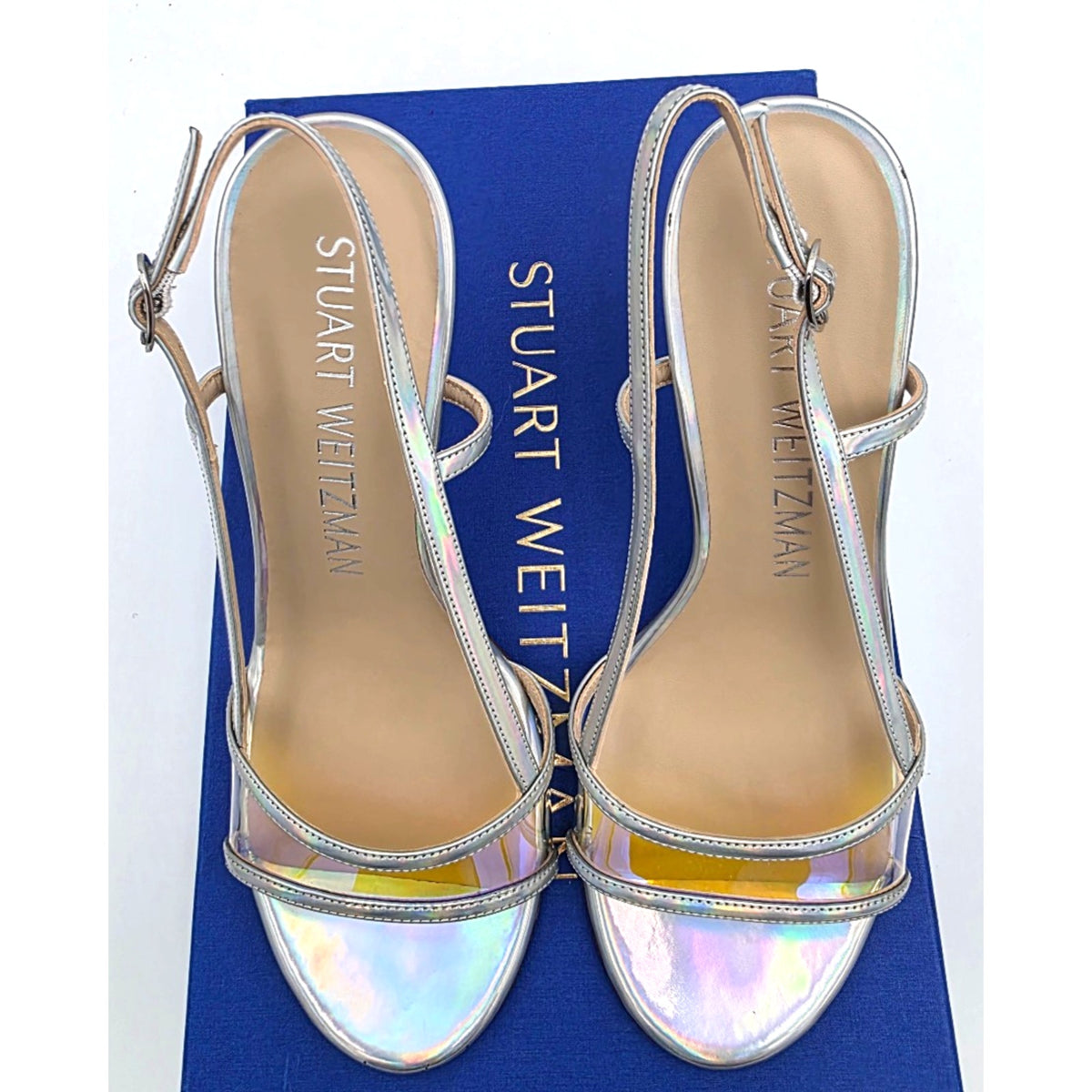 Stuart weitzman mondrian 100 sandal heels silver / aurora size 8